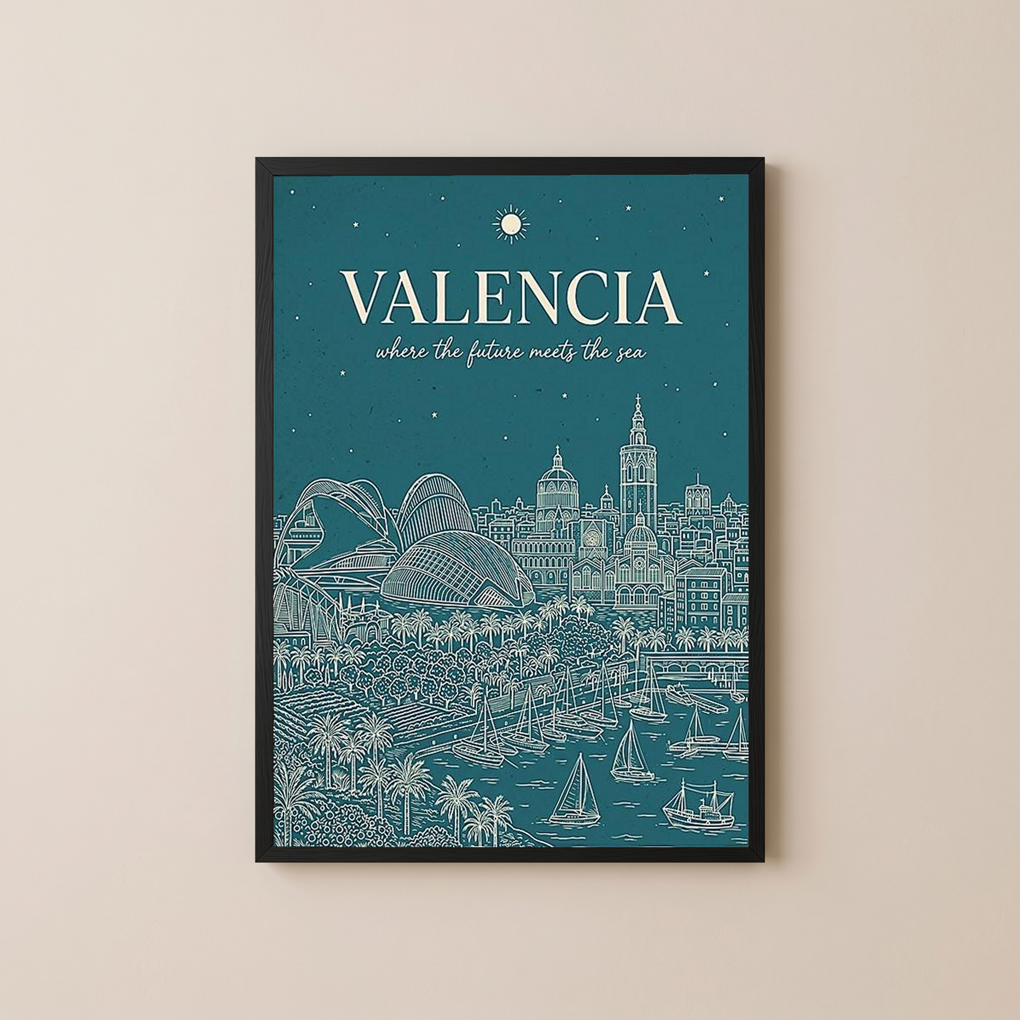 Valencia Line Art Print — Teal City of Arts Sciences Mediterranean Skyline Wall Art