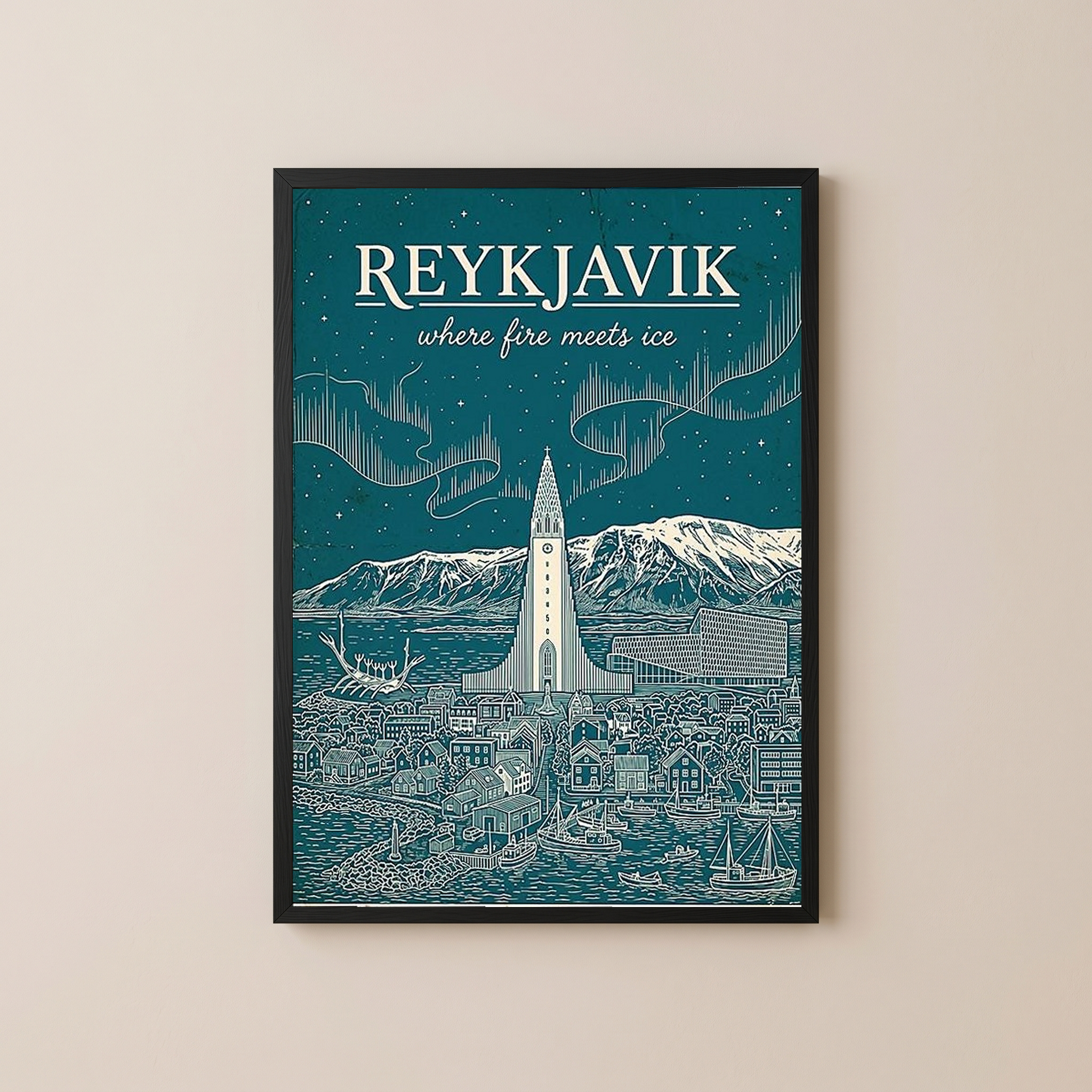 Reykjavik Line Art Print — Teal Hallgrímskirkja Aurora Skyline Wall Art