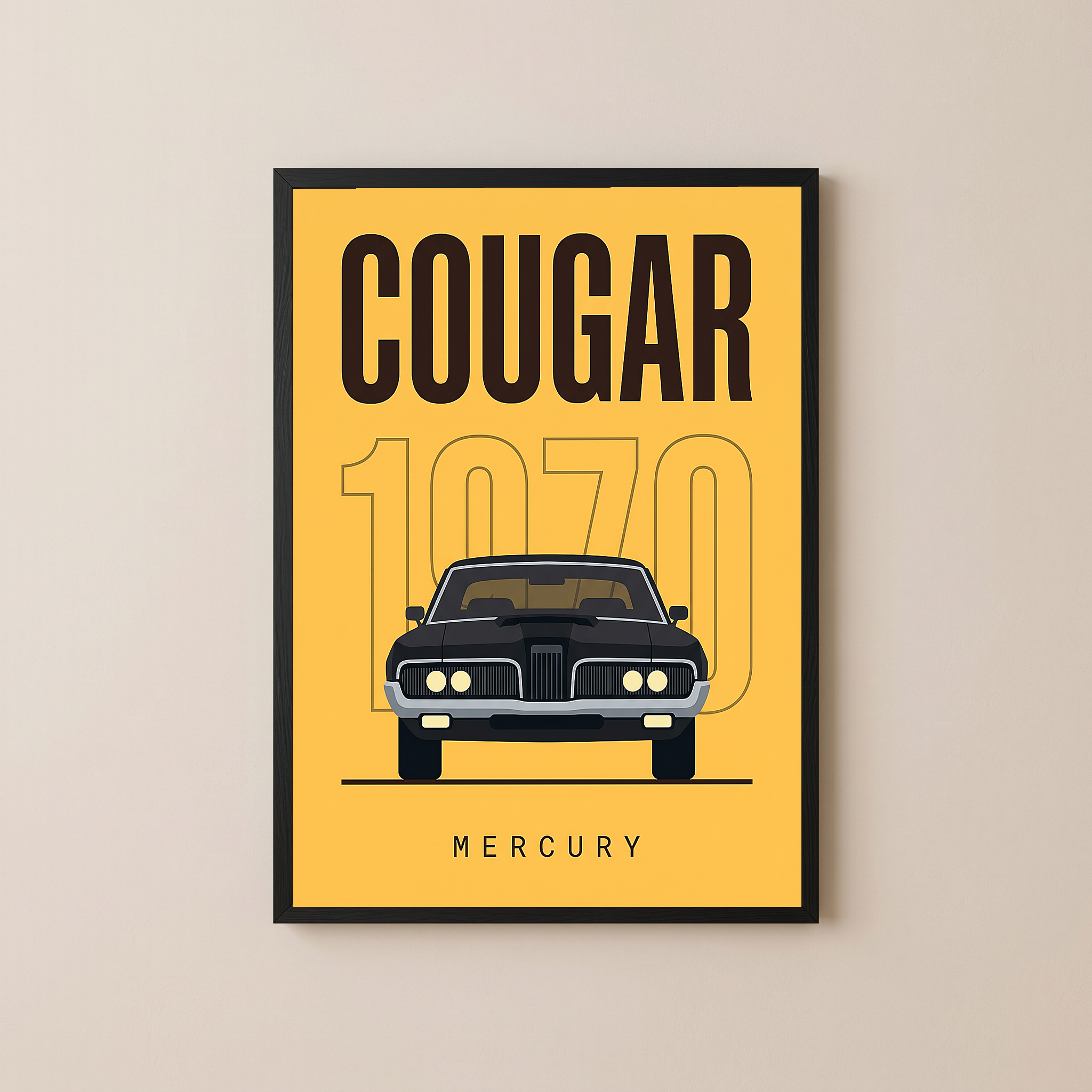 Mercury Cougar 1970 Minimalist Poster — Golden Yellow Muscle Car Line Art