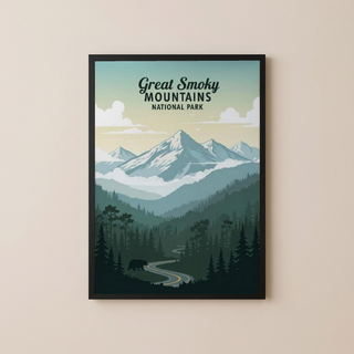 Great Smoky Mountains National Park Poster — Vintage Black Bear Foggy Ridges Print