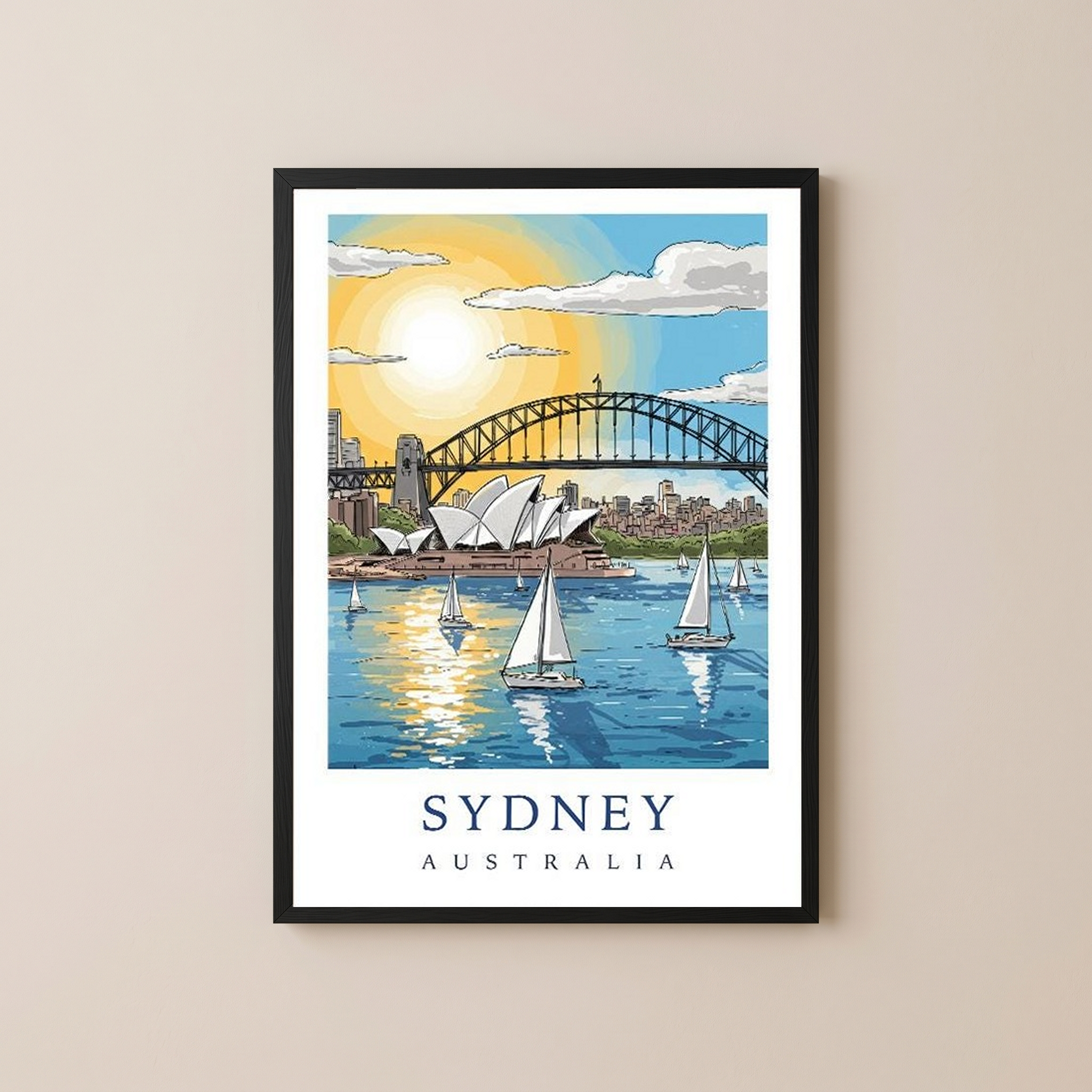 Sydney Australia Travel Poster — Opera House Harbour Bridge Sailboat Print