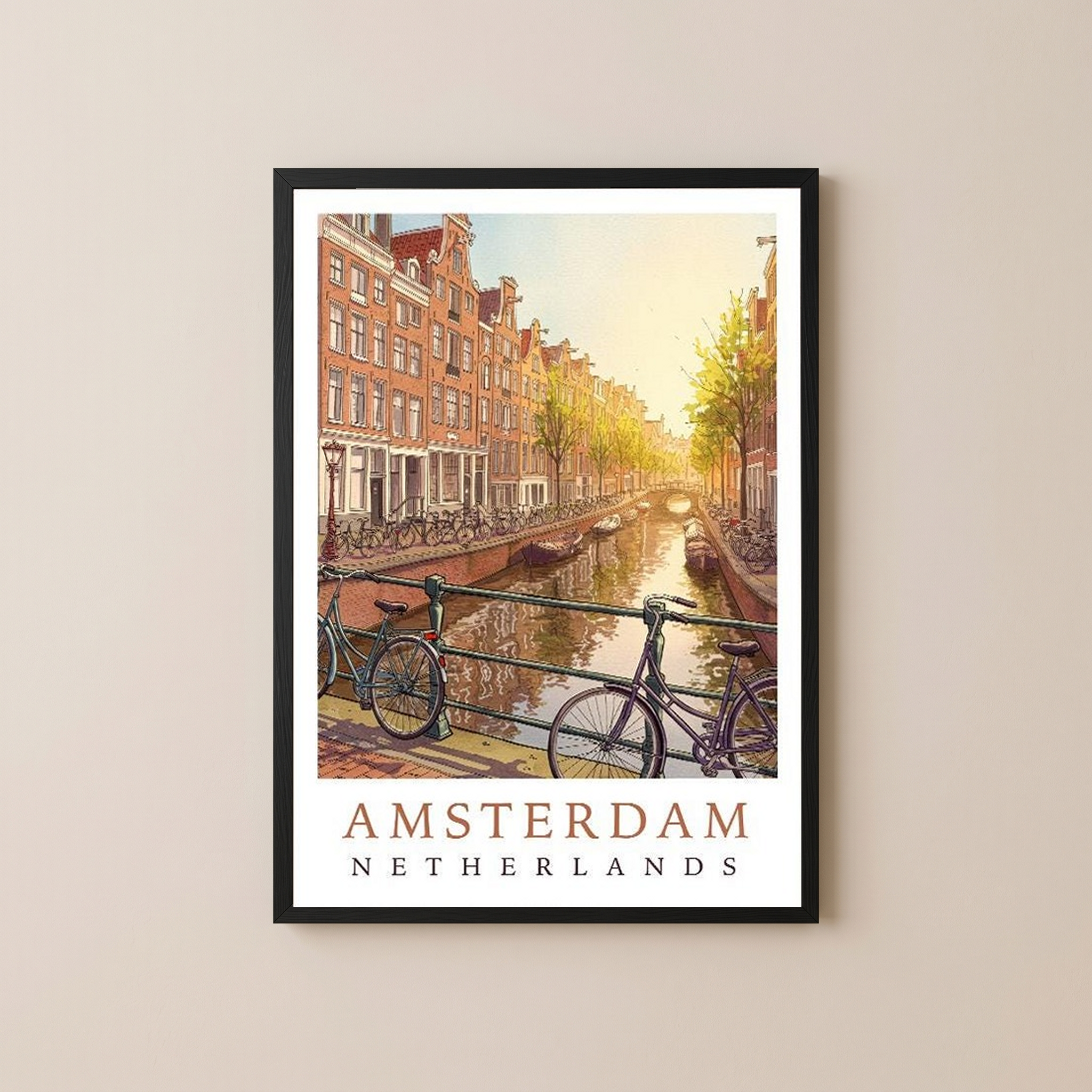 Amsterdam Netherlands Travel Poster — Canal House Bicycle Print