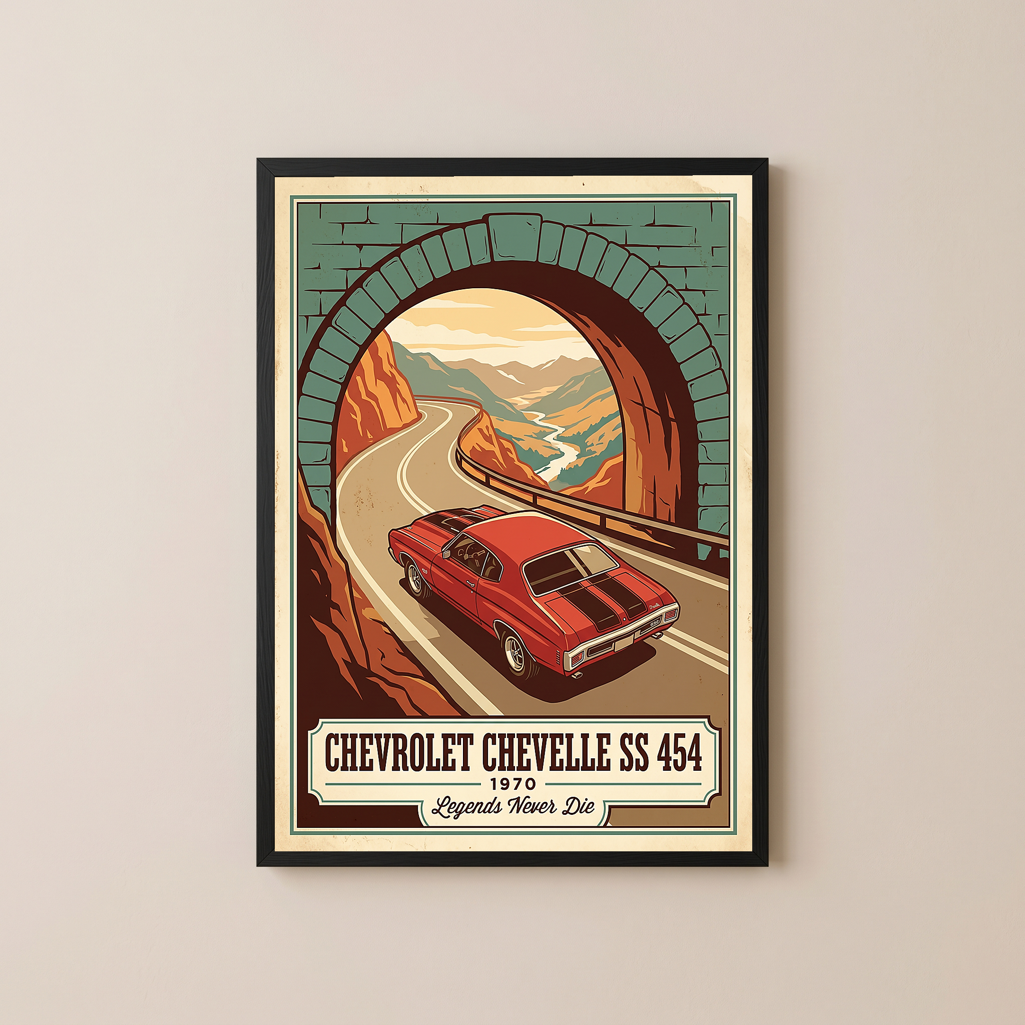 Chevrolet Chevelle SS 454 1970 V9 Stone Tunnel Poster — Vintage Muscle Mountain Pass