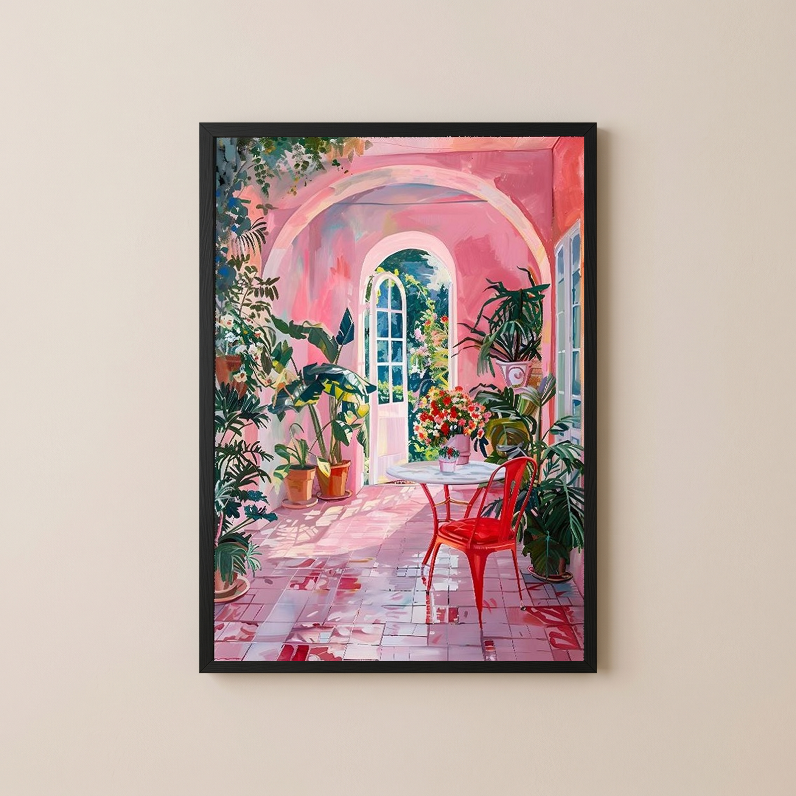 Pink Botanical Archway Painting — Lush Indoor Garden Conservatory Poster