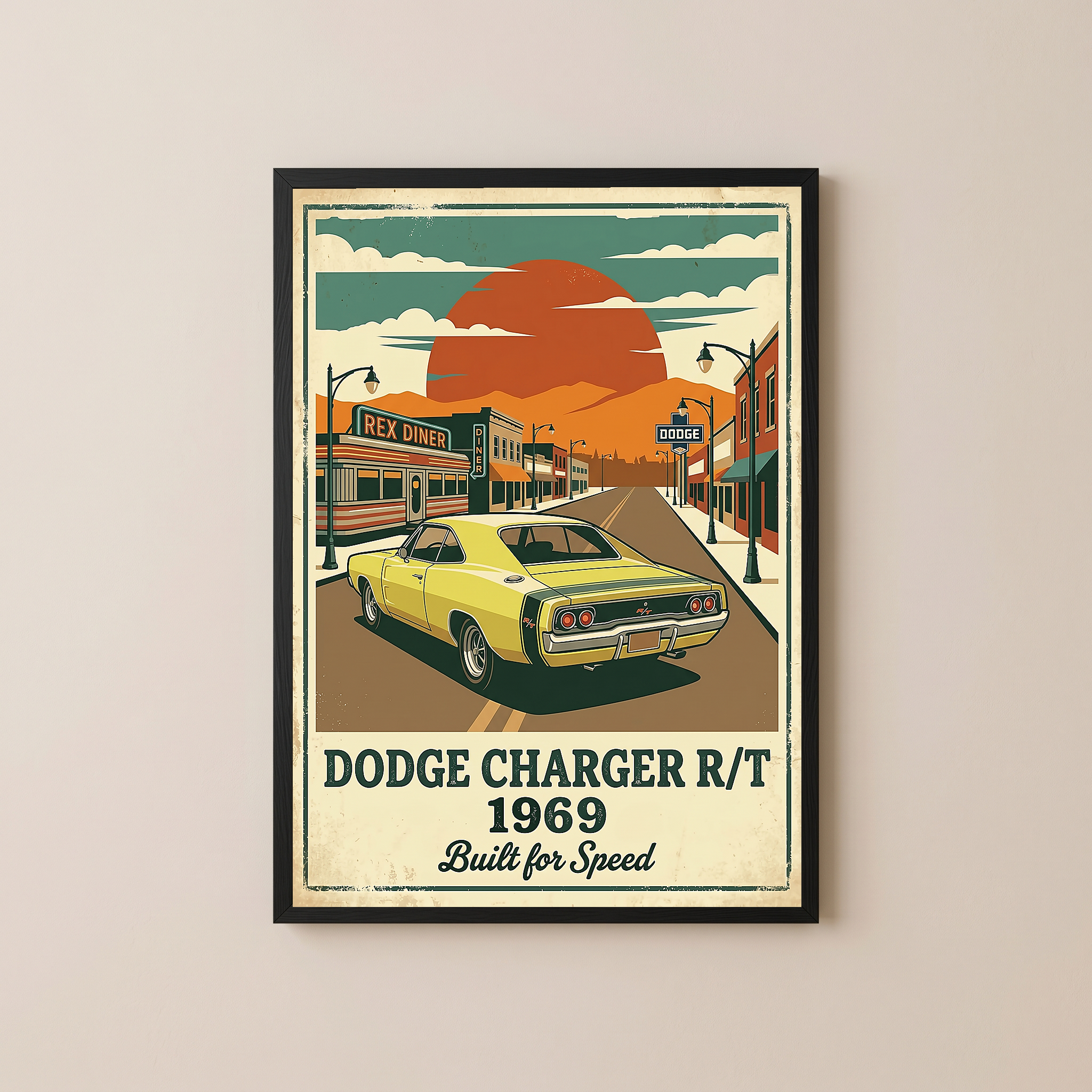 Dodge Charger R/T 1969 Yellow Edition — Vintage Muscle Diner Main Street Print