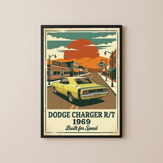 Dodge Charger R/T 1969 Yellow Edition — Vintage Muscle Diner Main Street Print