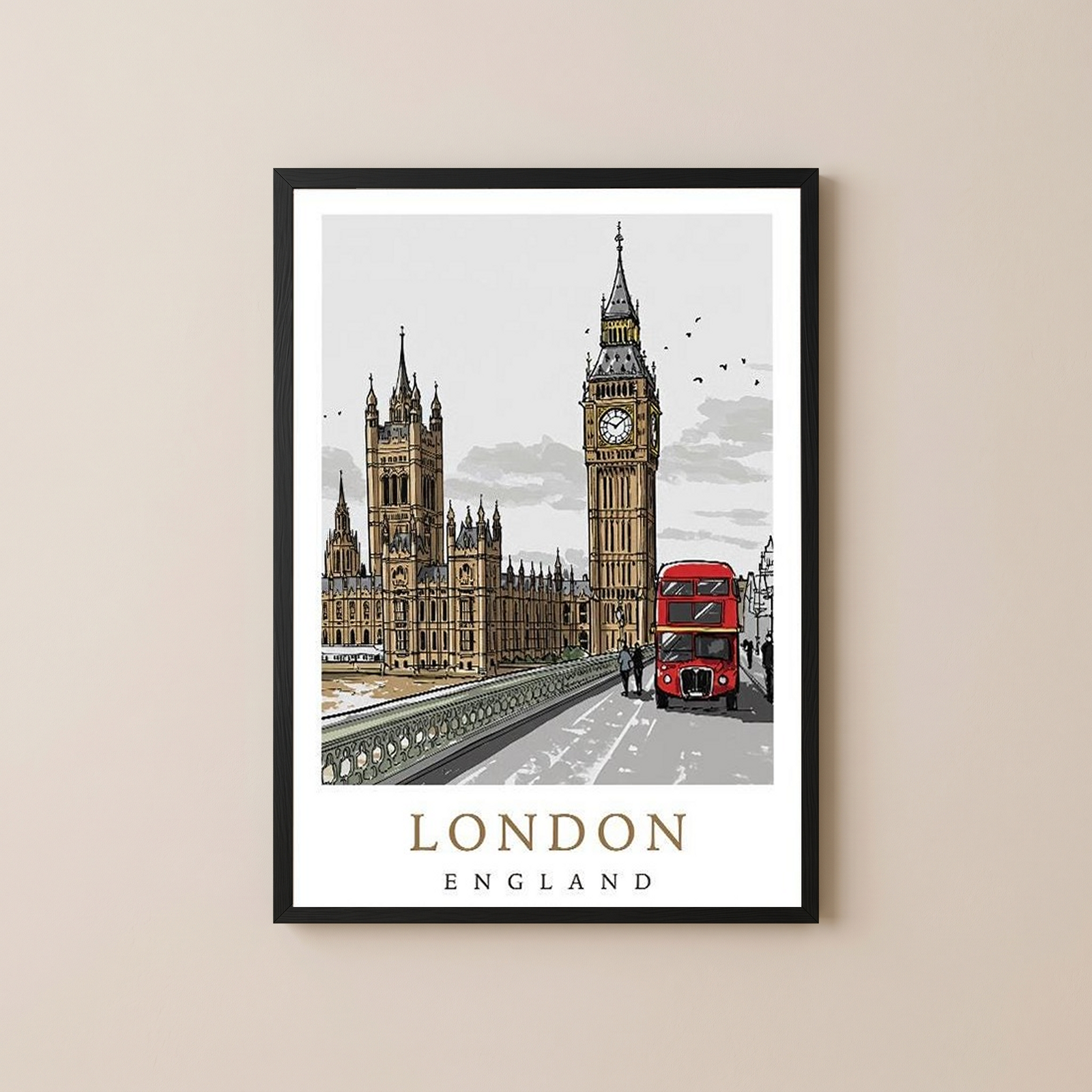 London Travel Poster — Big Ben Houses of Parliament Red Bus Print