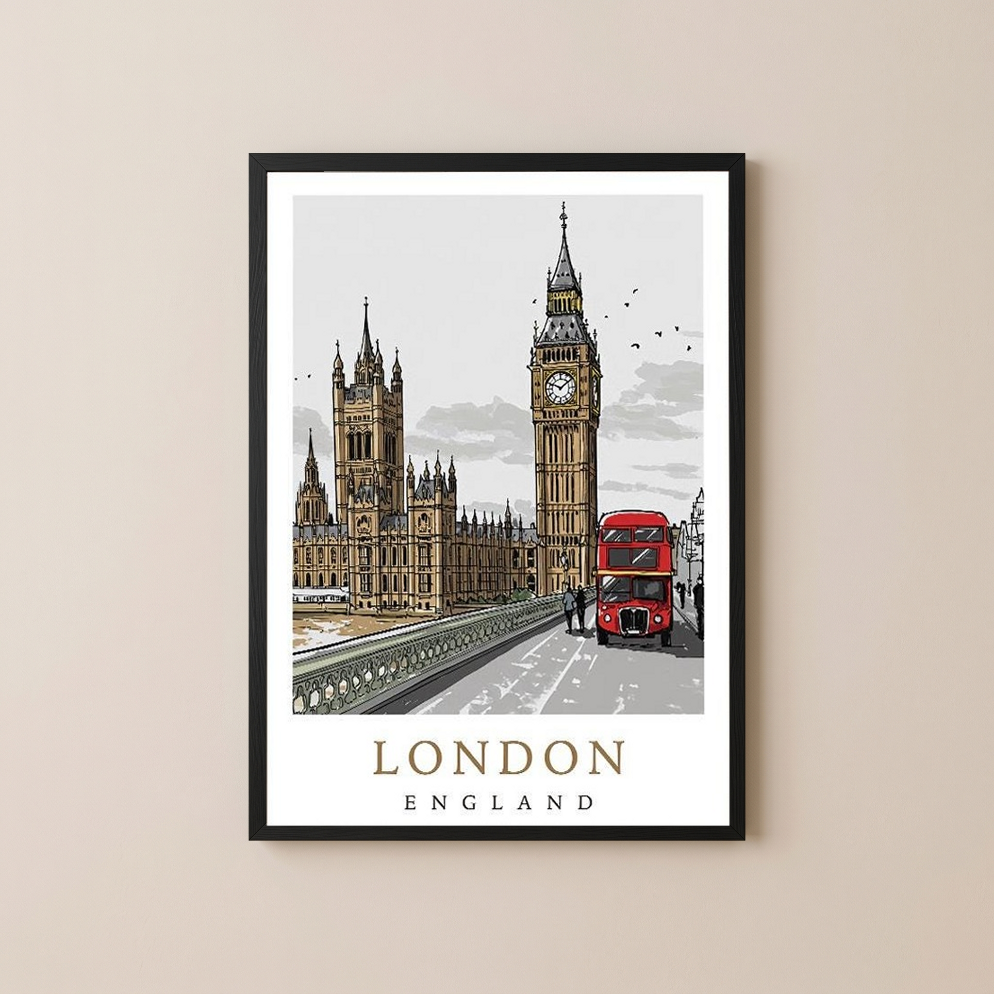 London Travel Poster — Big Ben Houses of Parliament Red Bus Print