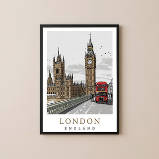 London Travel Poster — Big Ben Houses of Parliament Red Bus Print