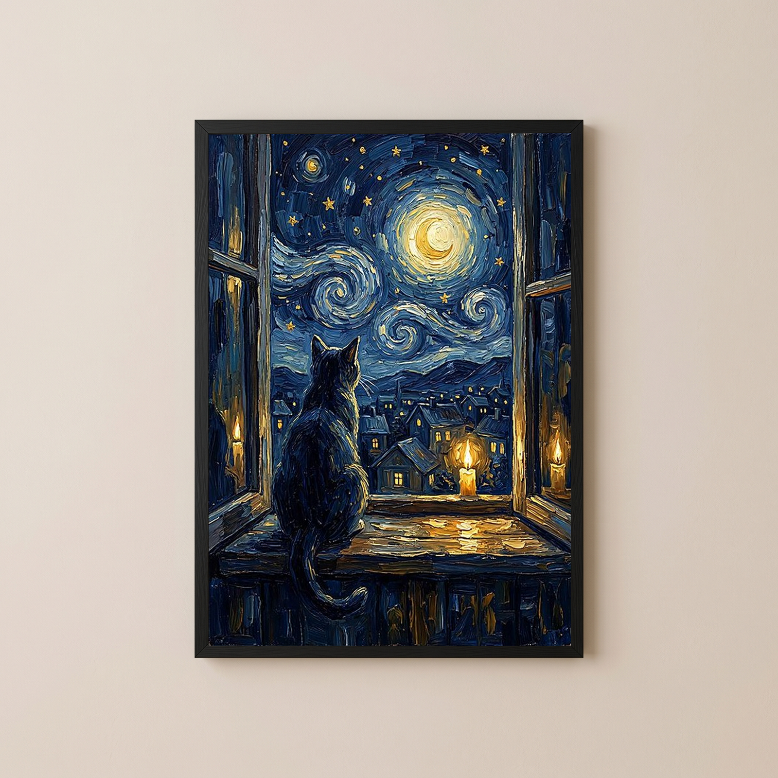Cat at Candlelit Window Print — Van Gogh Starry Night Village Wall Art