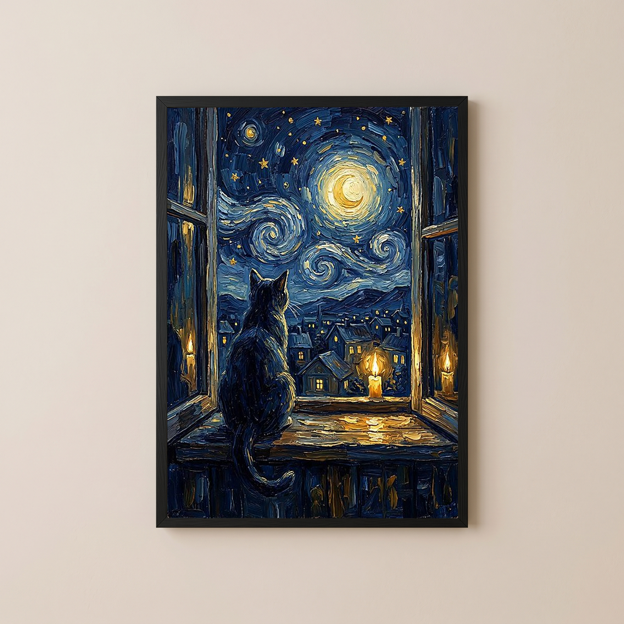 Cat at Candlelit Window Print — Van Gogh Starry Night Village Wall Art