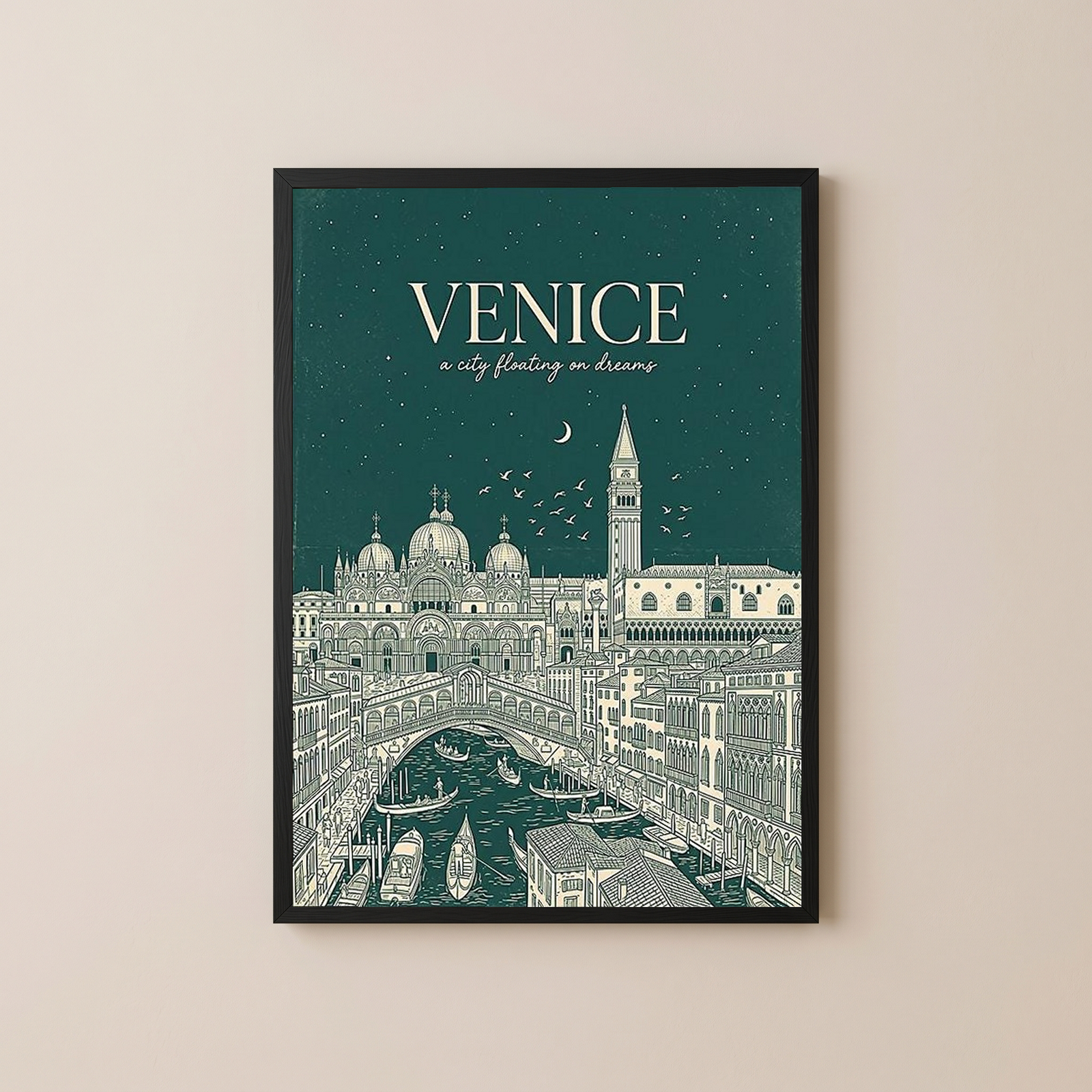 Venice Line Art Print — Forest Green St. Mark's Basilica Rialto Bridge Wall Art