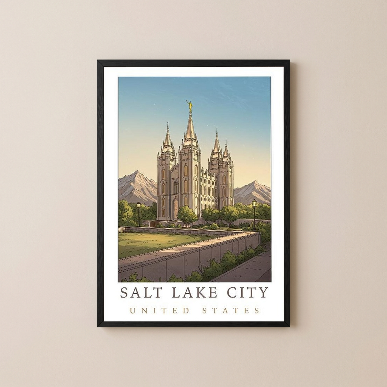 Salt Lake City Utah Travel Poster — Temple Square Wasatch Mountains Print