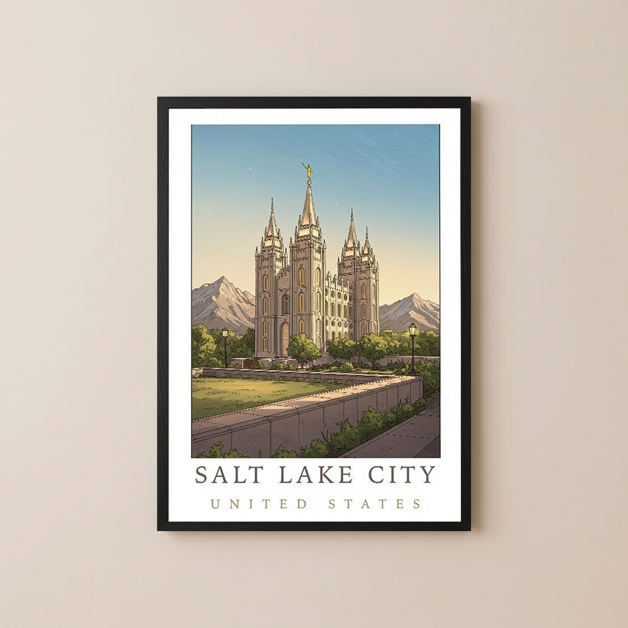 Salt Lake City Utah Travel Poster — Temple Square Wasatch Mountains Print