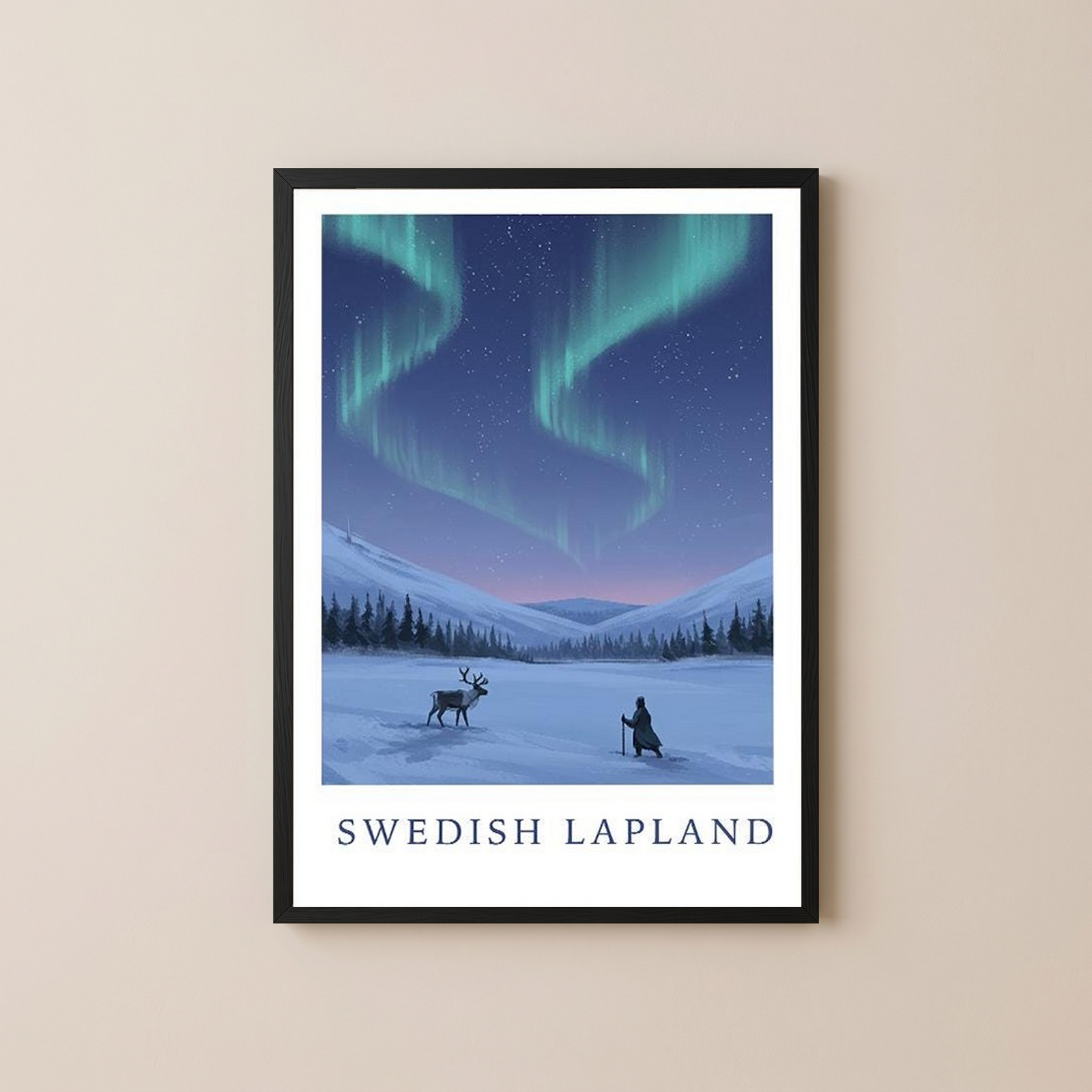 Swedish Lapland Travel Poster — Northern Lights Reindeer Sami Print