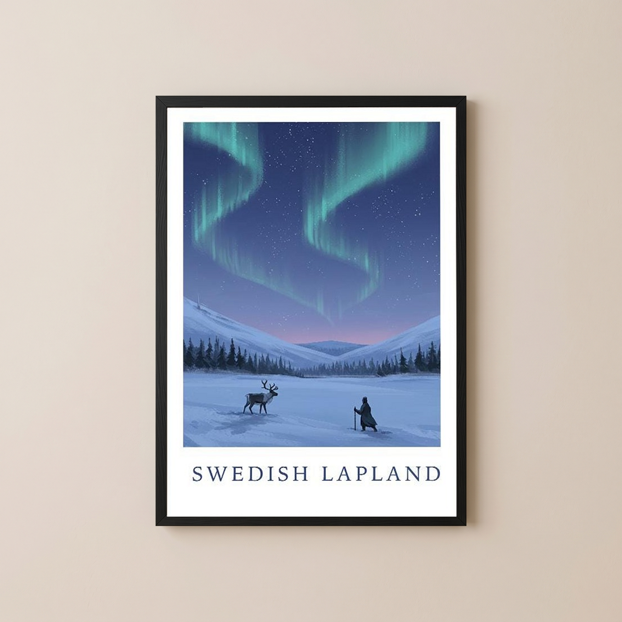 Swedish Lapland Travel Poster — Northern Lights Reindeer Sami Print