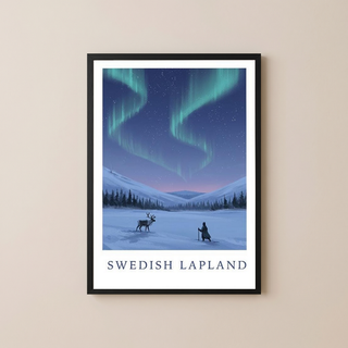 Swedish Lapland Travel Poster — Northern Lights Reindeer Sami Print