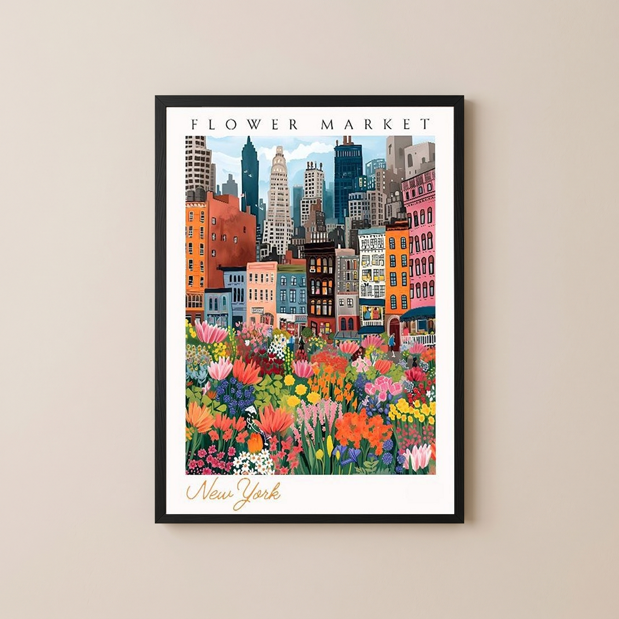 New York Flower Market Print — NYC Skyline Cityscape Botanical Art