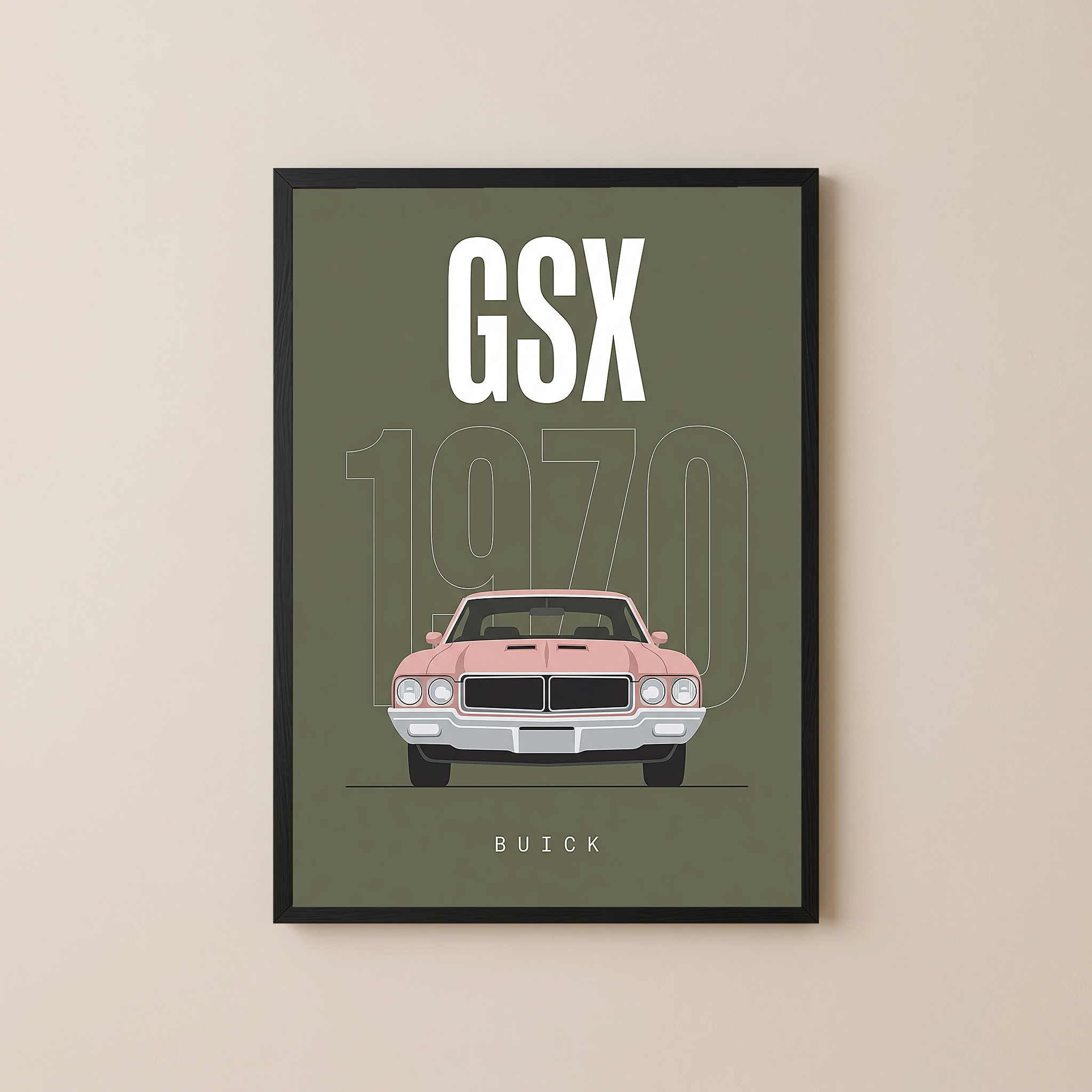 Buick GSX 1970 Minimalist Poster — Olive Sage Muscle Car Line Art