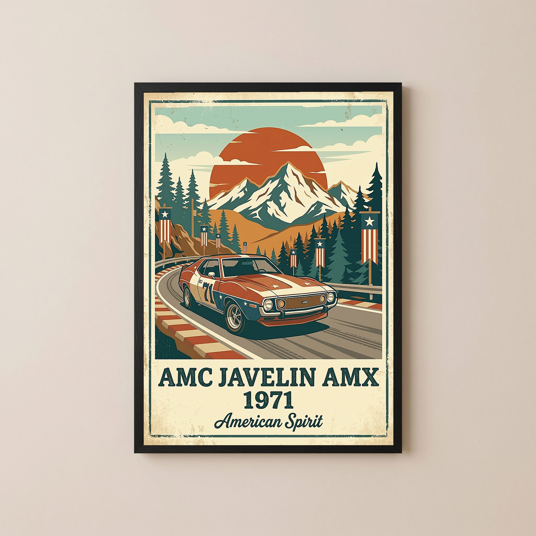 AMC Javelin AMX 1971 Poster — Vintage Muscle Car Race Track Mountain Print