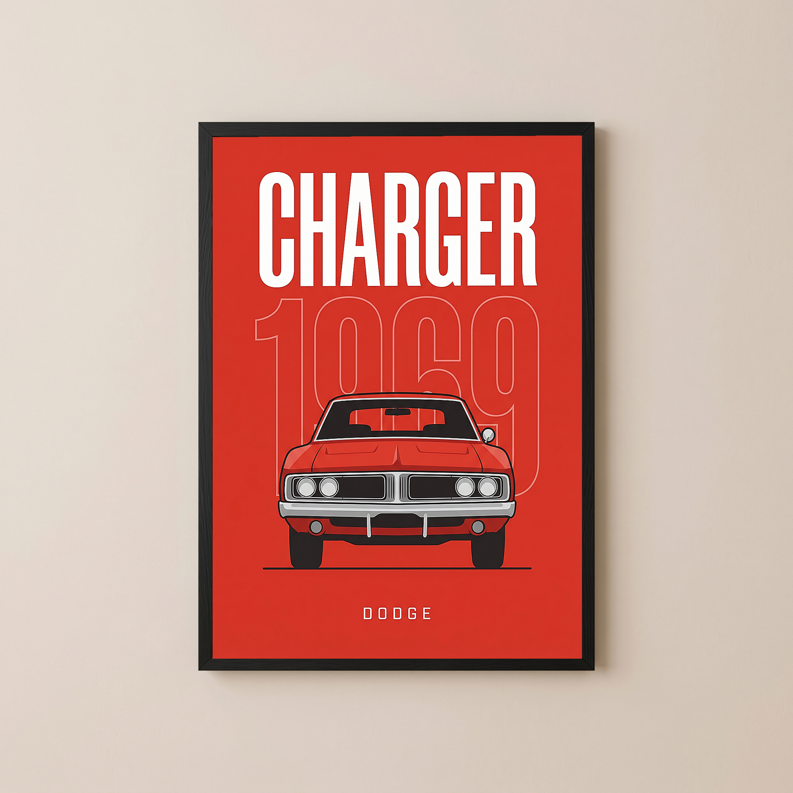 Dodge Charger 1969 Minimalist Poster — Red Muscle Car Line Art