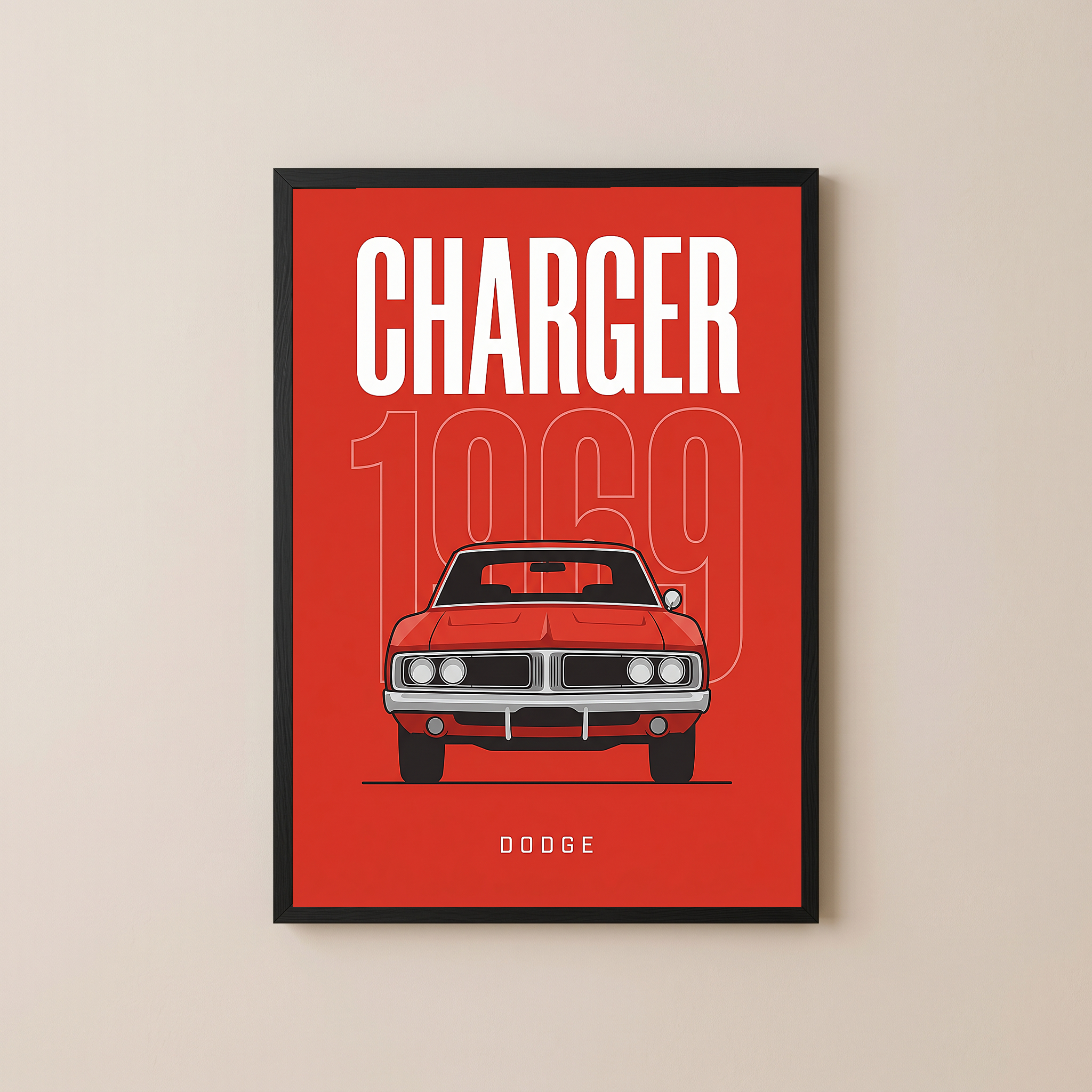 Dodge Charger 1969 Minimalist Poster — Red Muscle Car Line Art