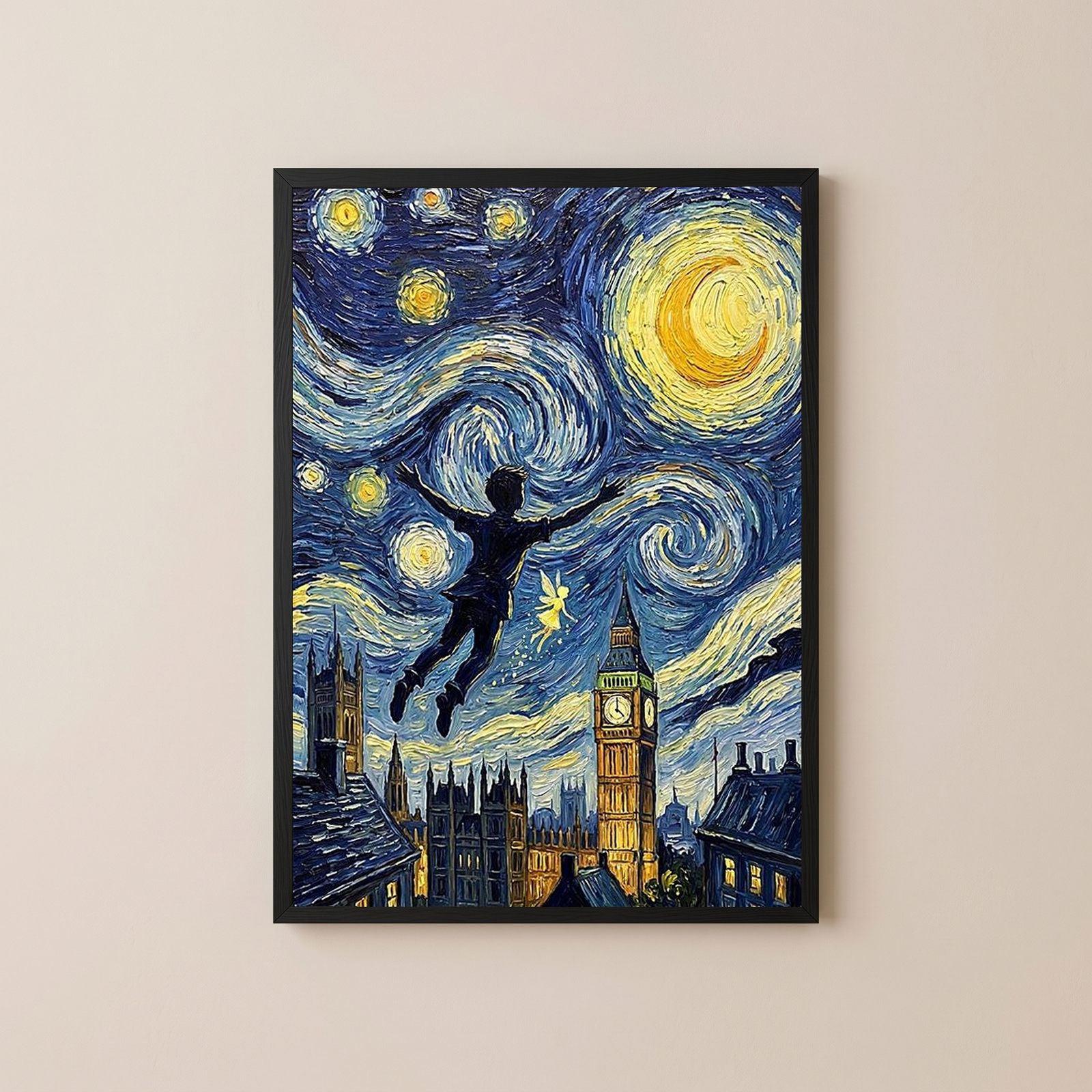 Peter Pan London Starry Night Print — Big Ben Van Gogh-Style Nursery Wall Art