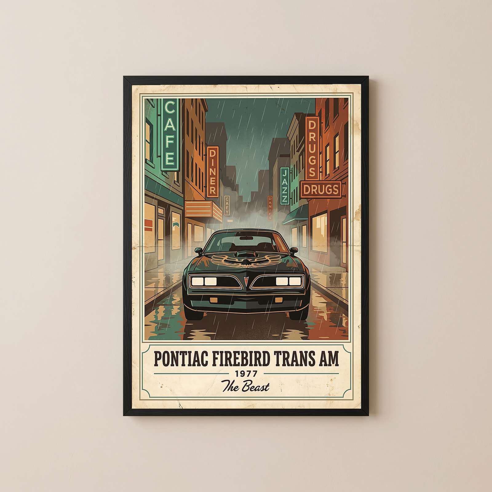 Pontiac Firebird Trans Am 1977 Poster — Vintage Muscle Bandit Rainy Noir Street Print