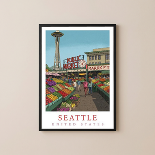 Seattle USA — Pike Place Market Space Needle Wall Art Print