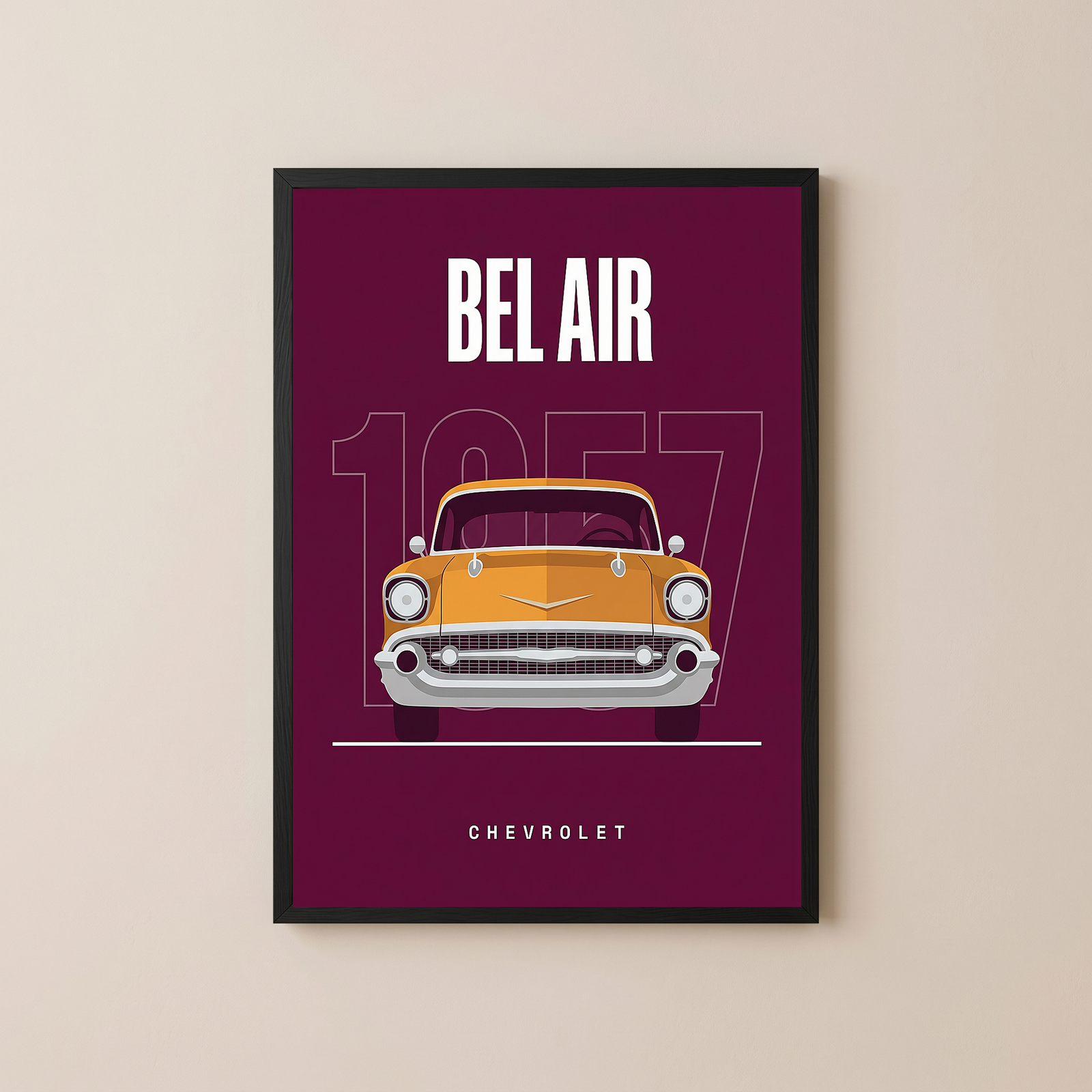 Chevrolet Bel Air 1957 Minimalist Poster — Burgundy Classic Car Line Art