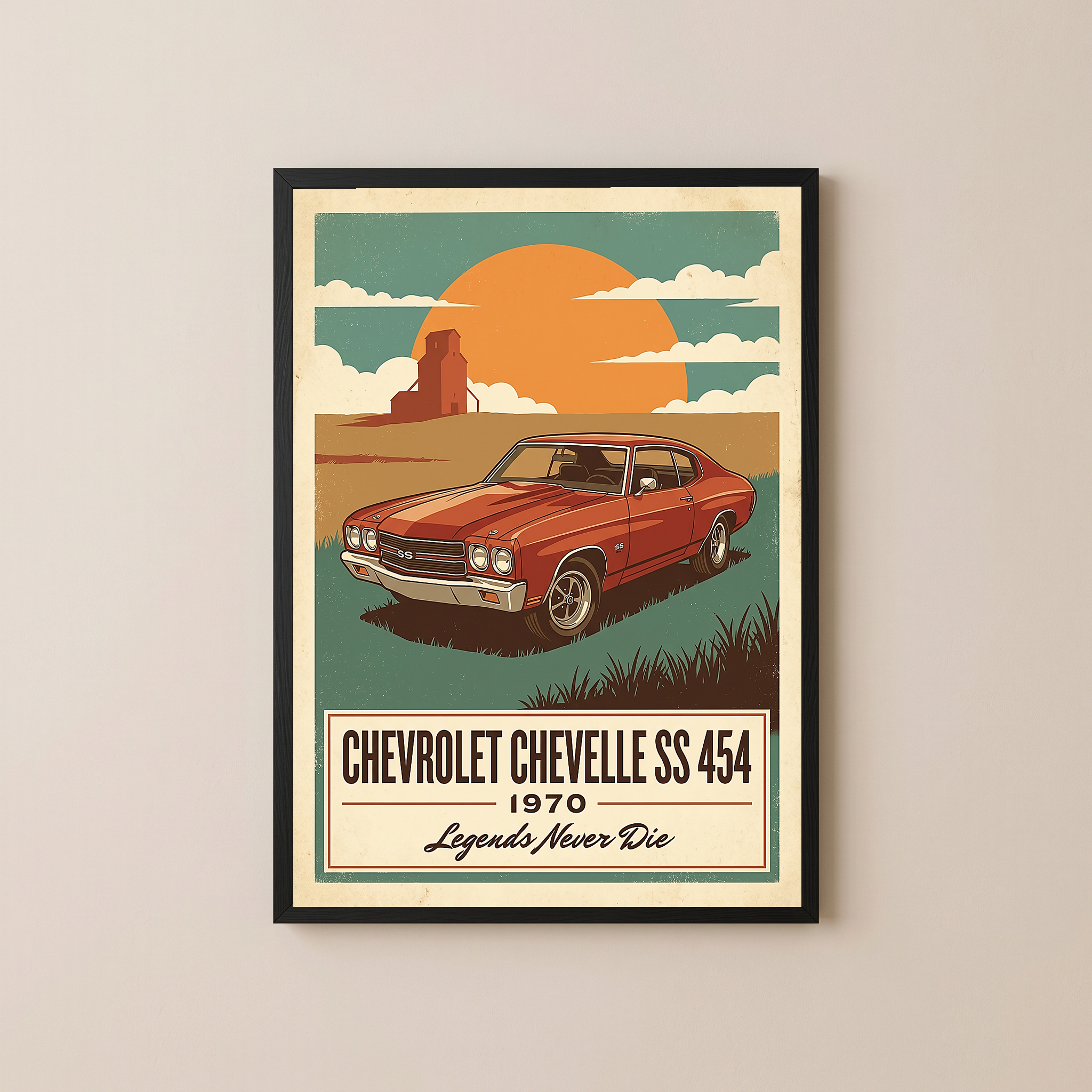 Chevrolet Chevelle SS 454 1970 V8 Sunset Silo Poster — Vintage Muscle Heartland Print