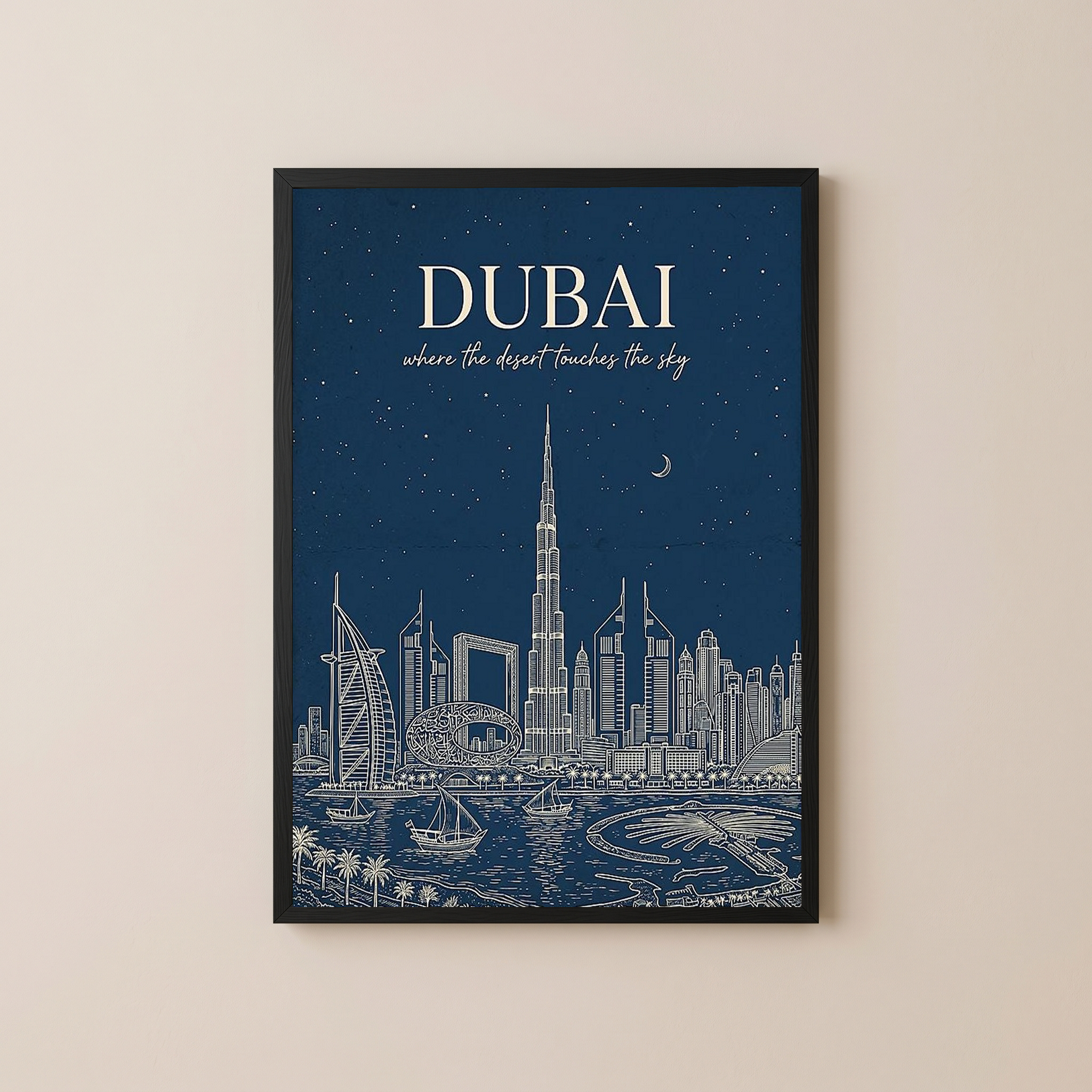 Dubai Line Art Print — Navy Burj Khalifa Skyline Wall Art