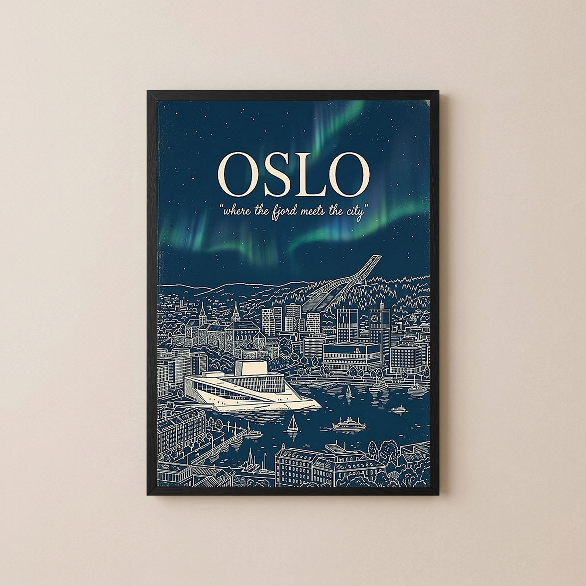 Oslo Line Art Print — Navy Opera House Fjord Aurora Borealis Skyline Wall Art