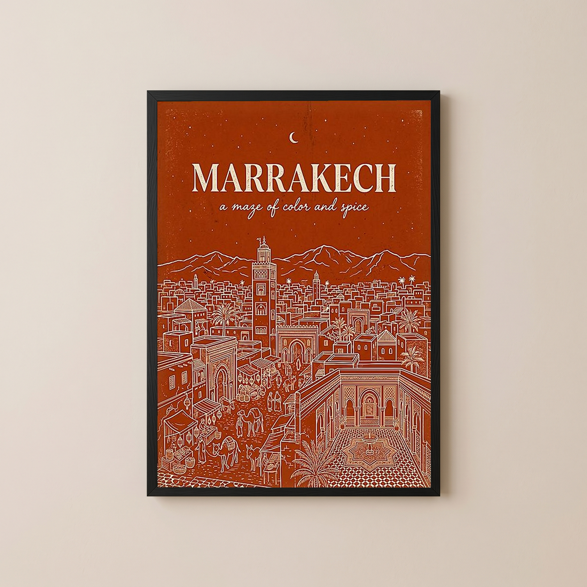 Marrakech Line Art Print — Terracotta Koutoubia Medina Skyline Wall Art