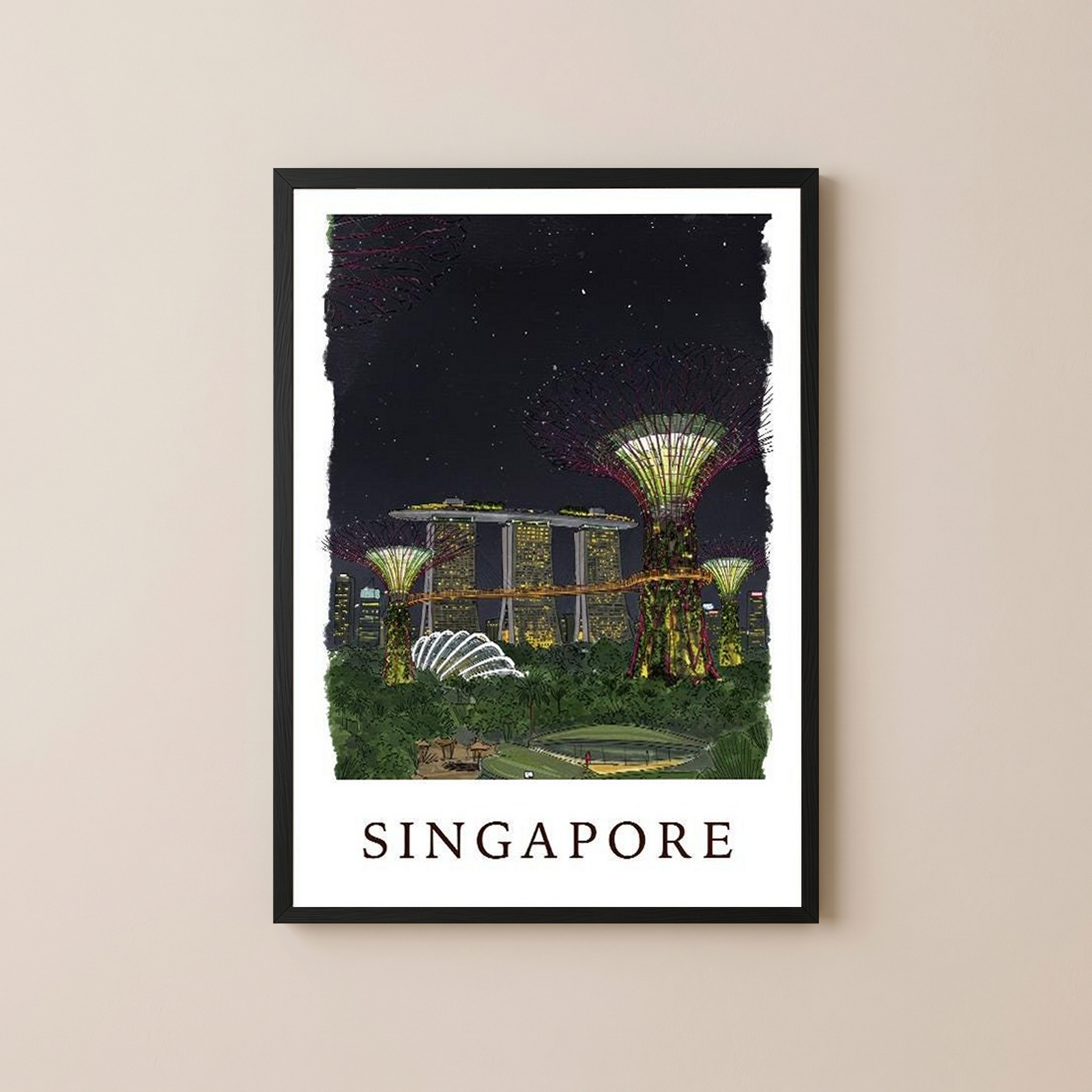 Singapore Travel Poster — Gardens by the Bay Marina Night Print