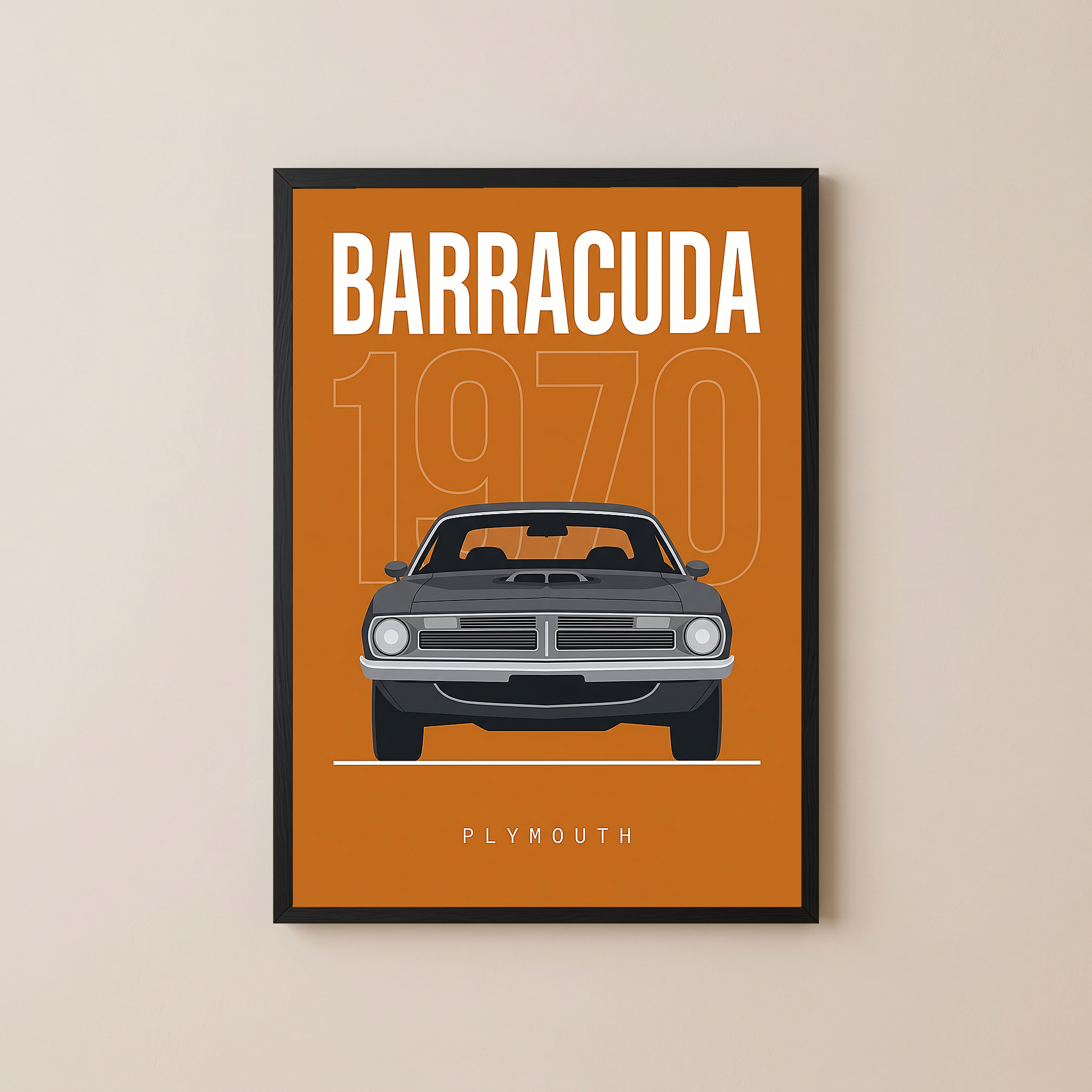 Plymouth Barracuda 1970 Minimalist Poster — Orange Muscle Car Line Art