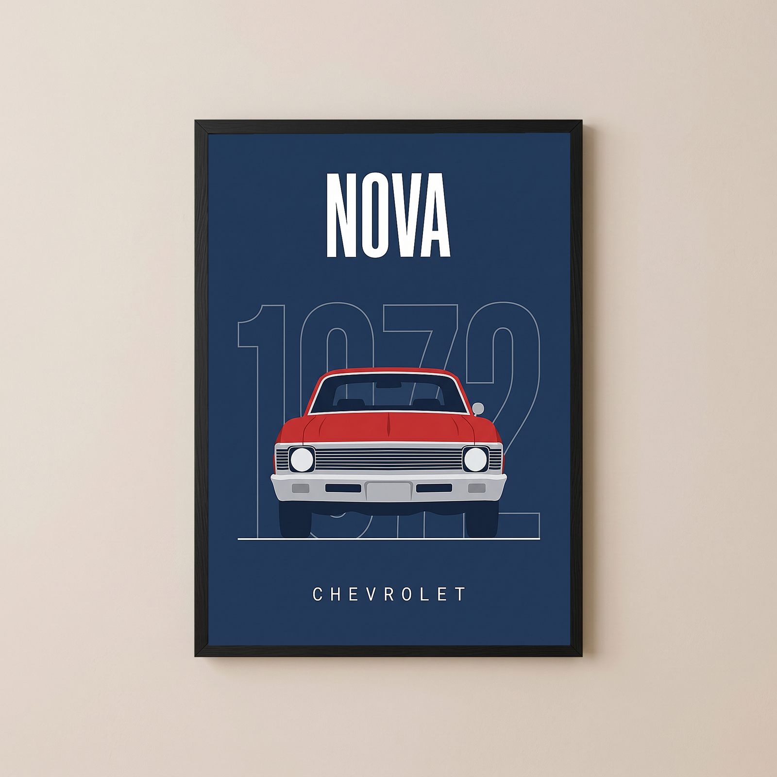 Chevrolet Nova 1972 Minimalist Poster — Red on Navy Compact Muscle Line Art
