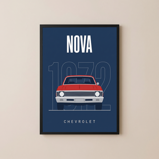 Chevrolet Nova 1972 Minimalist Poster — Red on Navy Compact Muscle Line Art