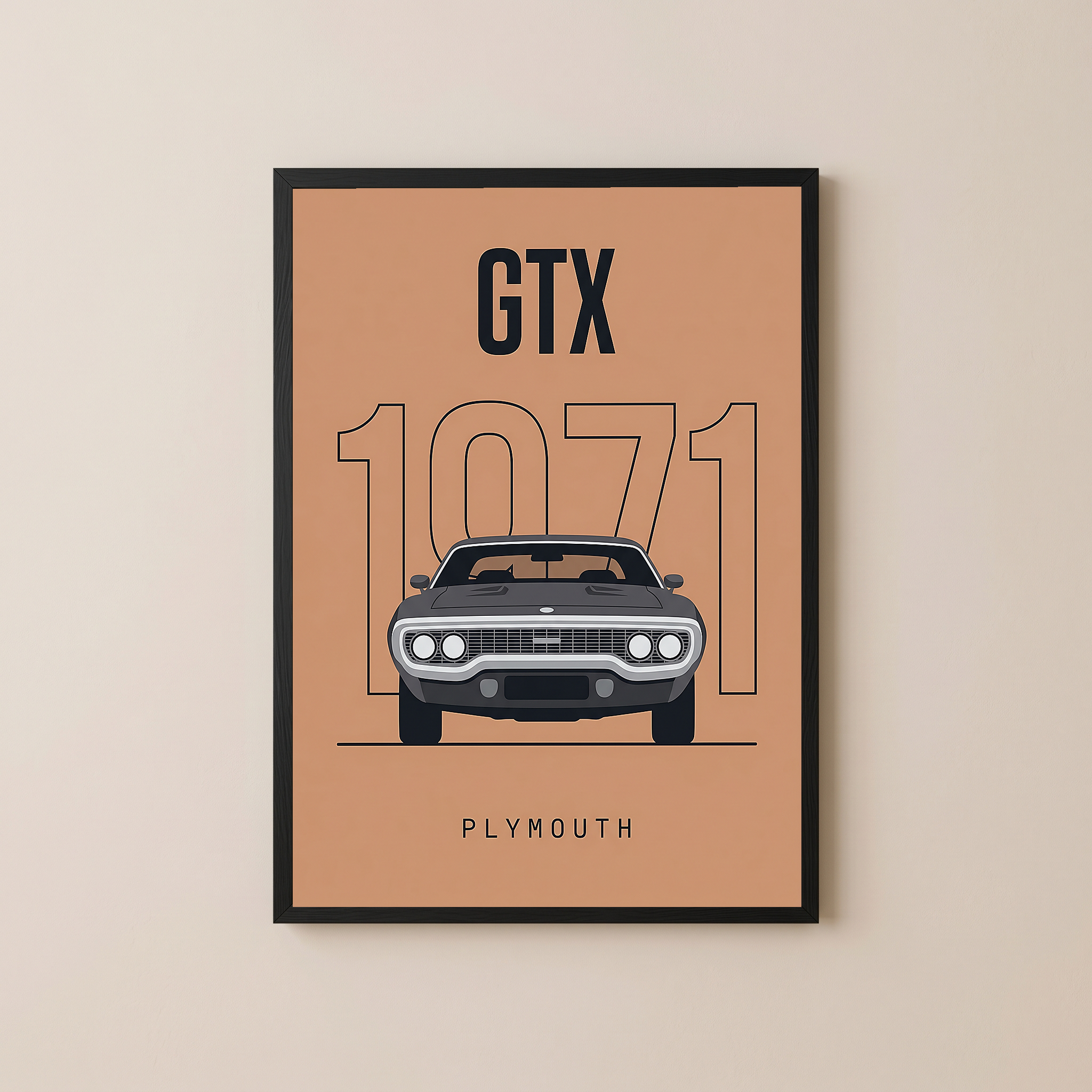 Plymouth GTX 1971 Minimalist Poster — Peach B-Body Muscle Line Art