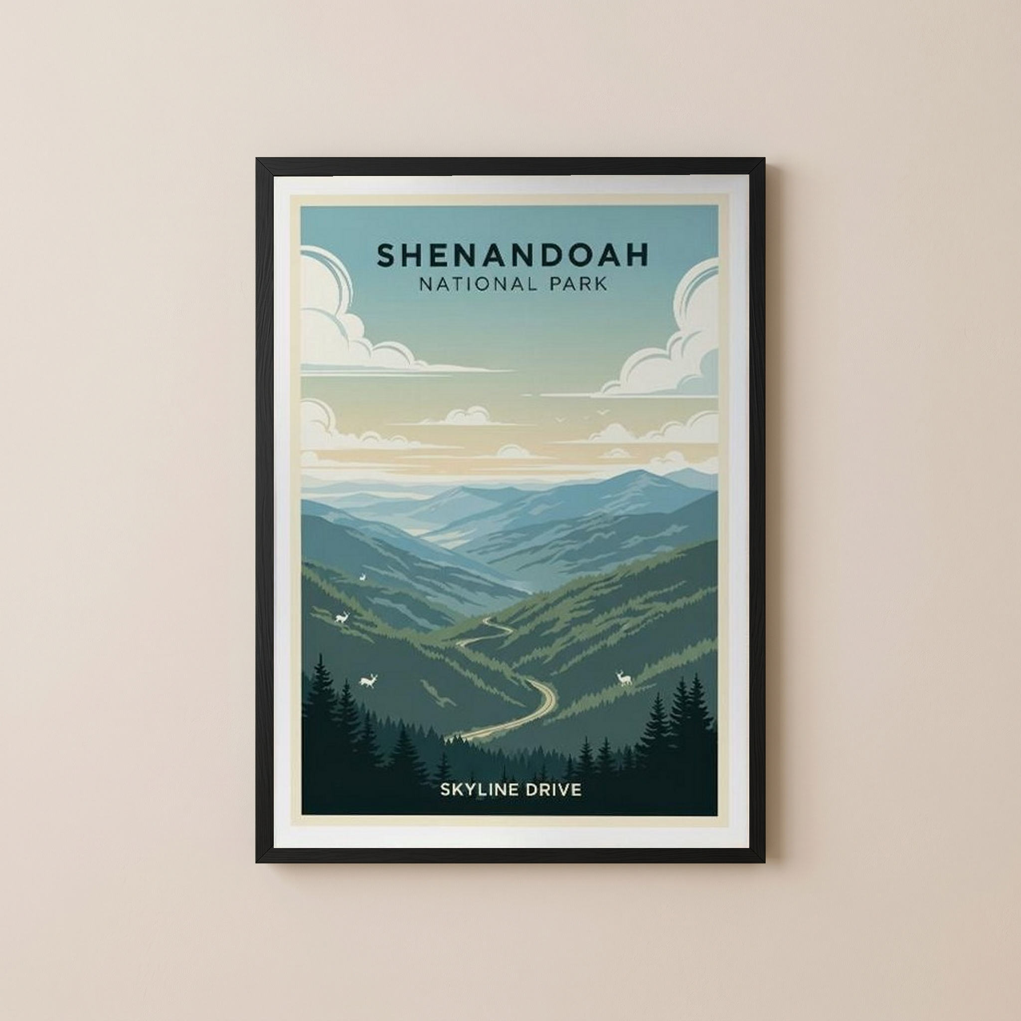 Shenandoah National Park Poster — Vintage Virginia Skyline Drive Deer Print