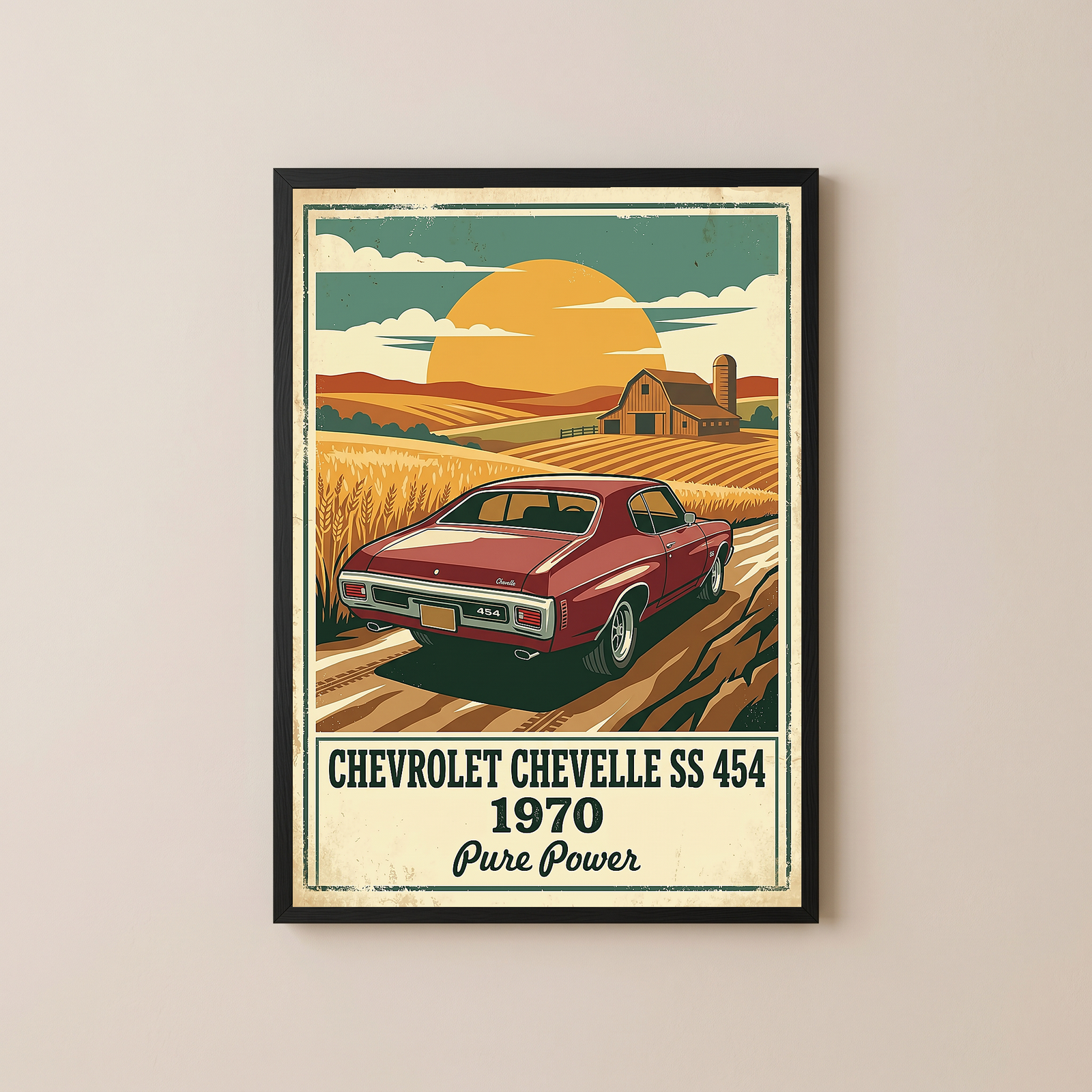 Chevrolet Chevelle SS 454 1970 V3 Poster — Vintage Muscle Car Wheat Field Barn Print