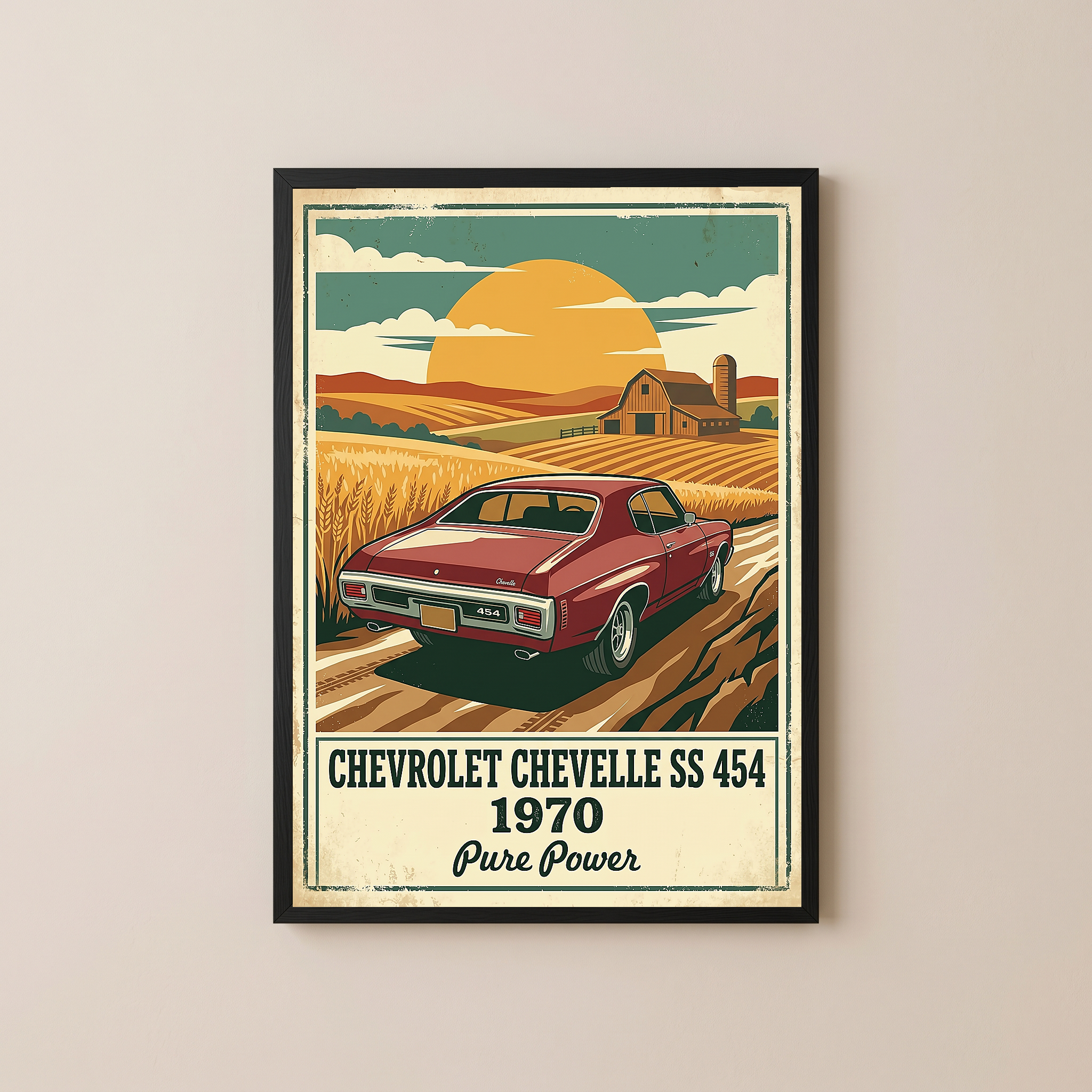Chevrolet Chevelle SS 454 1970 V3 Poster — Vintage Muscle Car Wheat Field Barn Print