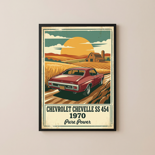 Chevrolet Chevelle SS 454 1970 V3 Poster — Vintage Muscle Car Wheat Field Barn Print