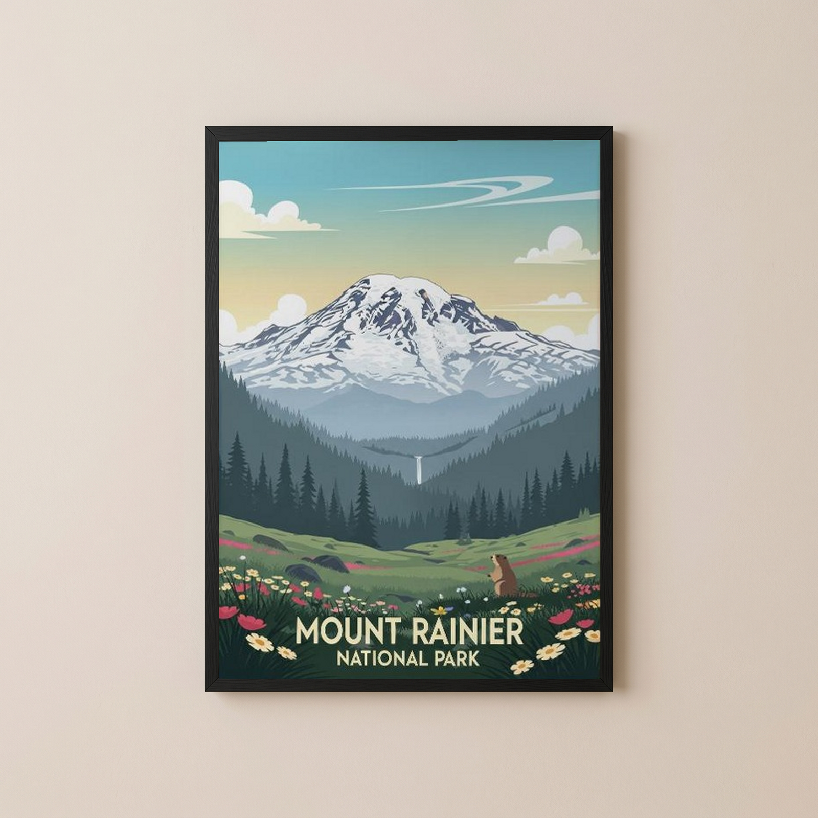 Mount Rainier National Park Poster — Vintage Washington Wildflower Marmot Print