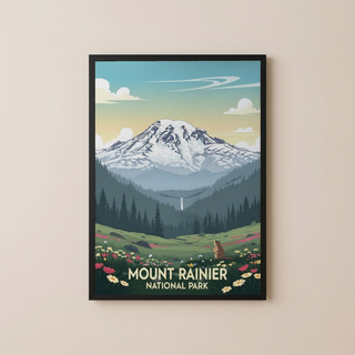 Mount Rainier National Park Poster — Vintage Washington Wildflower Marmot Print