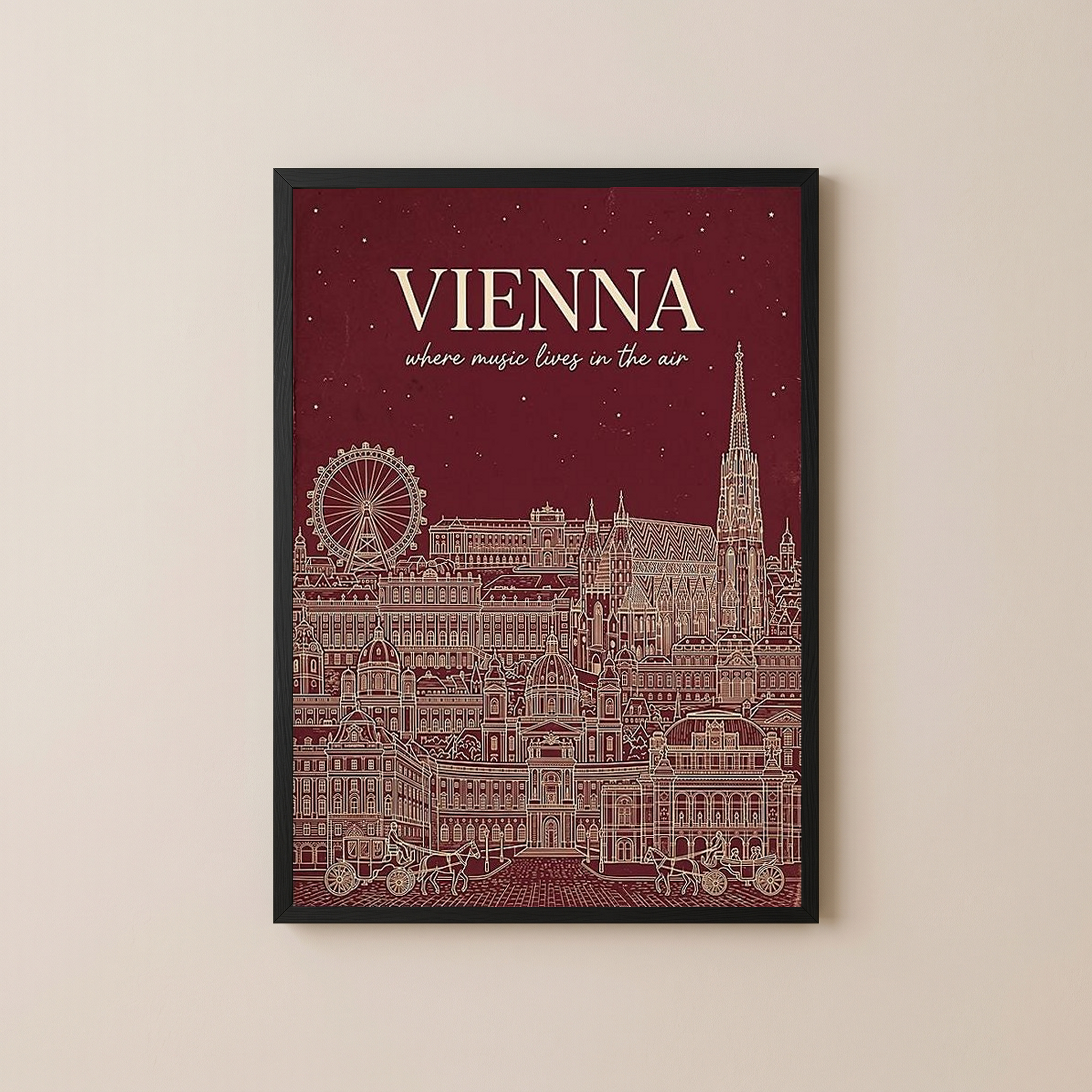 Vienna Line Art Print — Cherry Red St. Stephen's Cathedral Skyline Wall Art