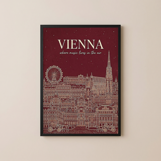 Vienna Line Art Print — Cherry Red St. Stephen's Cathedral Skyline Wall Art