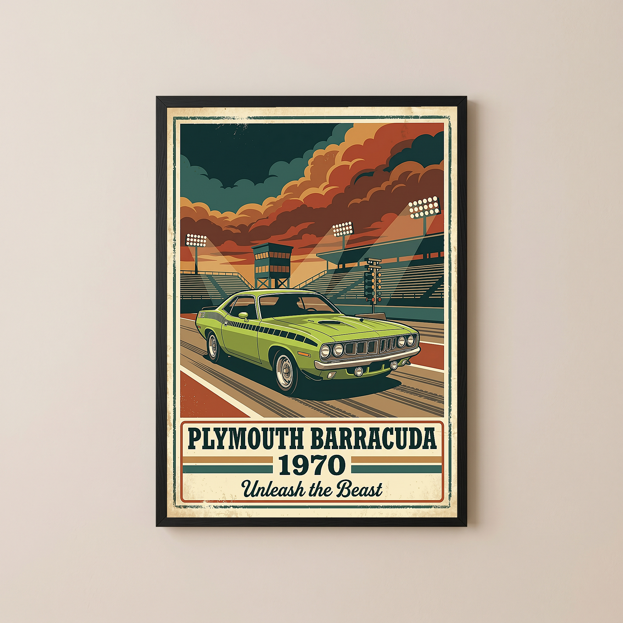 Plymouth Barracuda 1970 Poster — Vintage Muscle Car Race Track Print
