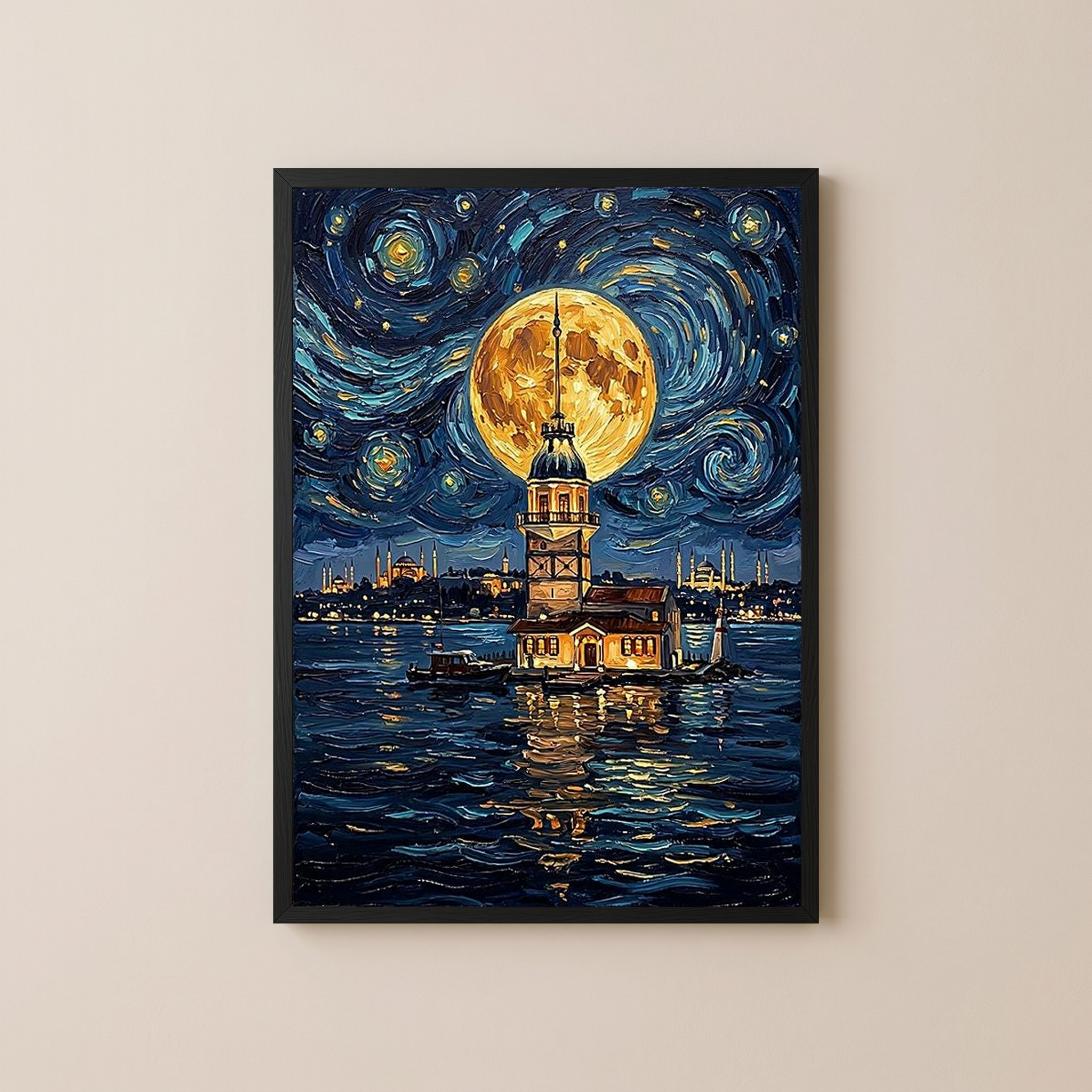 Maiden Tower Istanbul Full Moon Print — Van Gogh-Style Skyline Wall Art