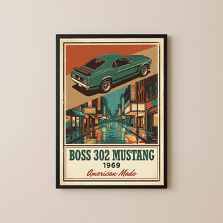 Boss 302 Mustang 1969 V2 Poster — Vintage Muscle Rainy Cinema Street Print